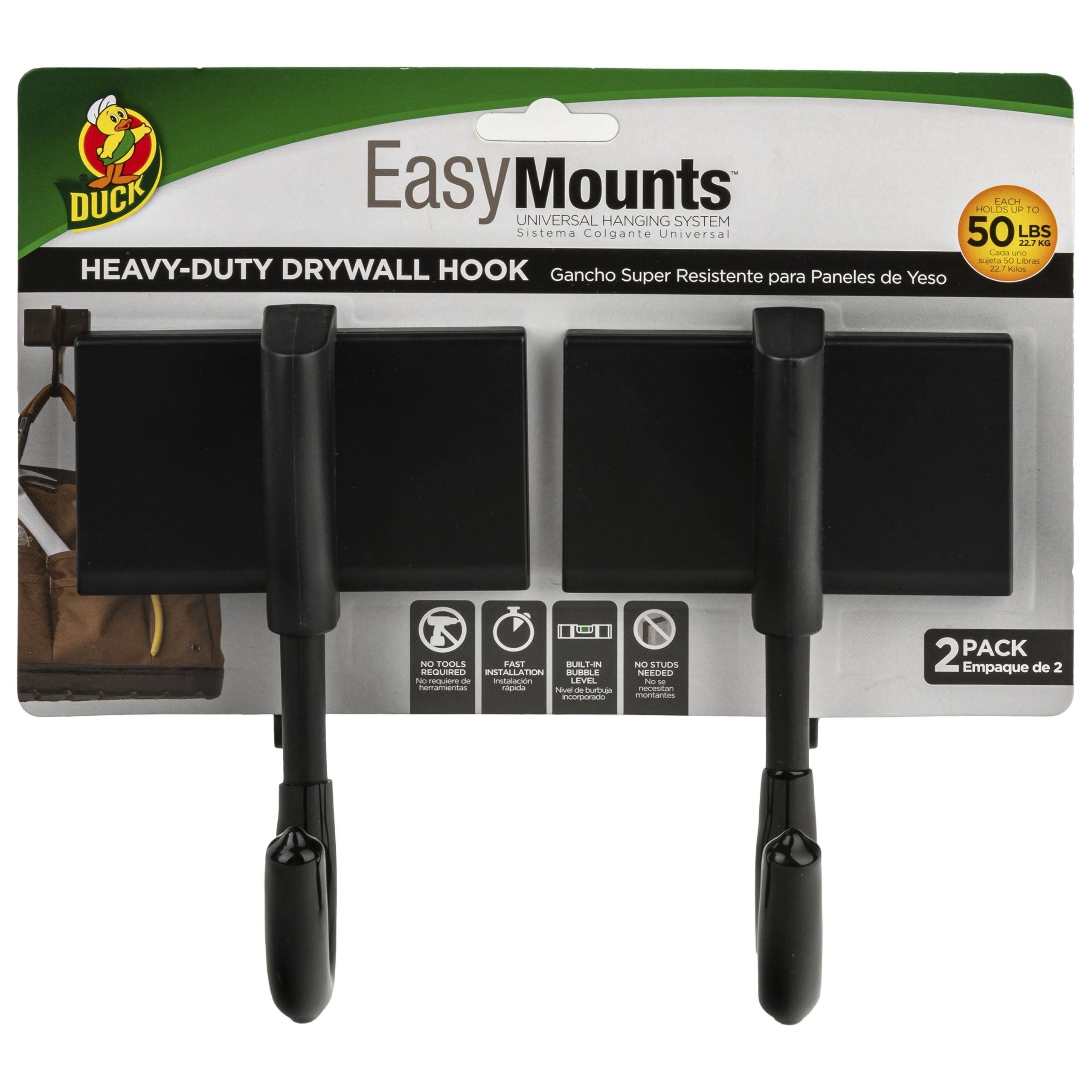 39f9a9bd4c676decef8a846843c17c11175832b5e4b0ed1e1a9f22f91ea4bfcd.jpg Duck EasyMounts Fiberglass Garage Hooks- No Tools Required, 2 Pack Holds Up to 100 lbs Total, Size: 3.6875 in. x 3 in. x 5.75 in. - Image 1