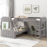 EUROCO Upholstery L - Shaped Twin Over Full Bunk Bed and Twin Loft Bed with Desk for Kids Bedroom, Gray