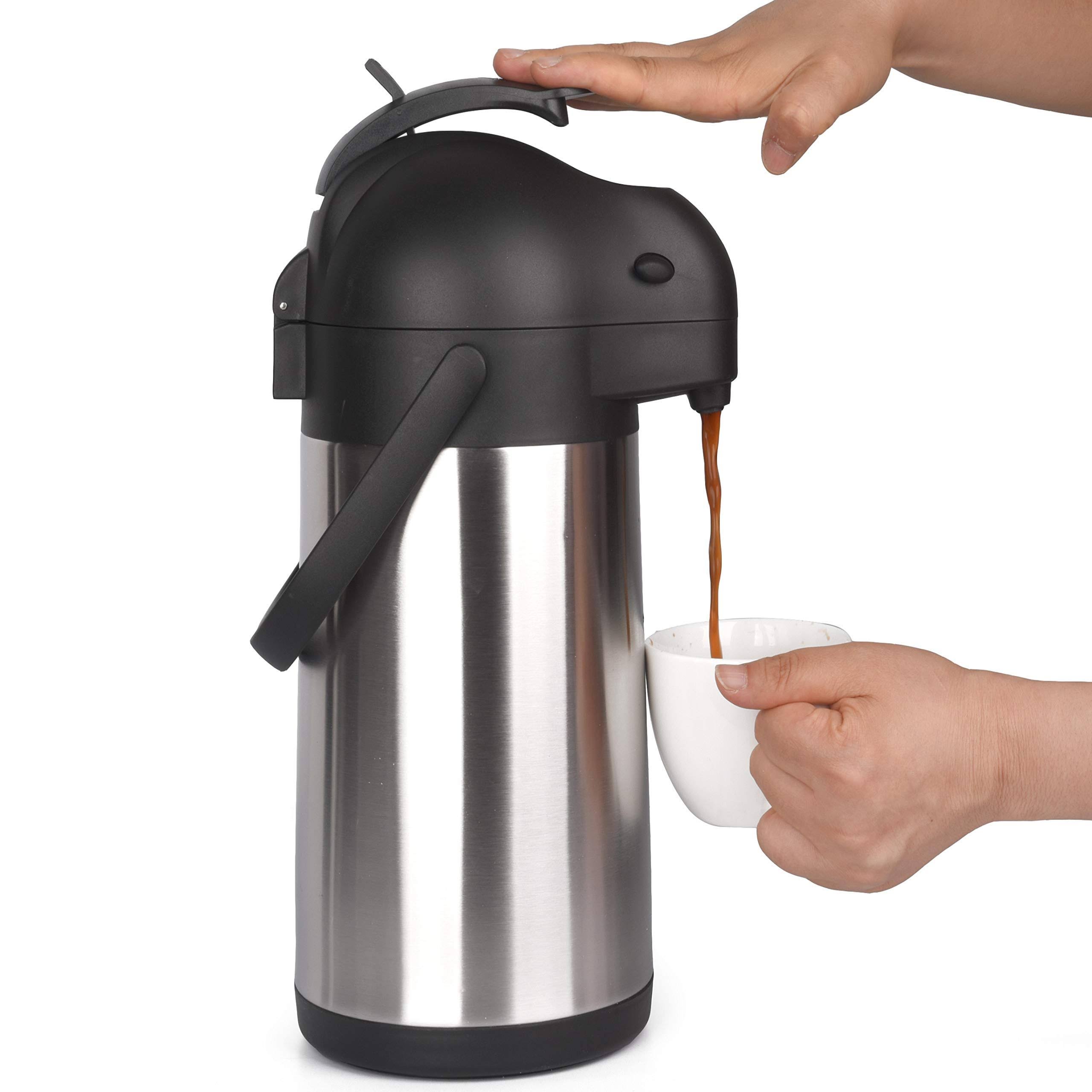 3a0bb97fb56970f94b974dd25c63ae551a952b930f8cb32bf2c46e8a8e1b6285.jpg Cresimo 74 oz (2.2 Liter) Airpot Thermal Coffee Carafe/Lever Action/Stainless Steel - Image 1