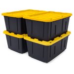 Black & Yellow 27-Gallon Tough Storage Containers with Lids, Stackable, 4 Pack, Black