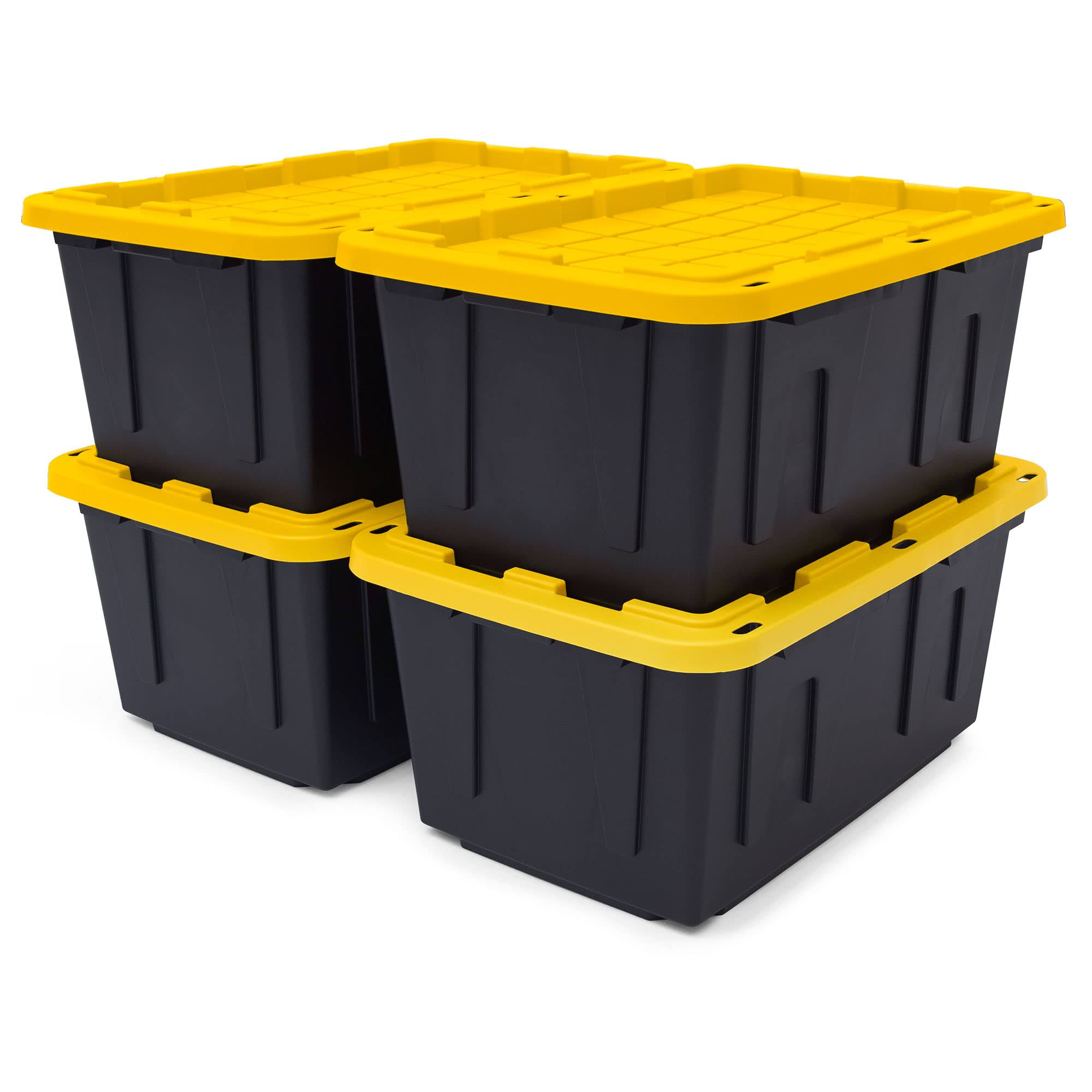 3a12b3a85ba4884628e8609426fa137aab77c516096aa550eddfa3ac120b82dc.jpg Black & Yellow 27-Gallon Tough Storage Containers with Lids, Stackable, 4 Pack, Black - Image 1