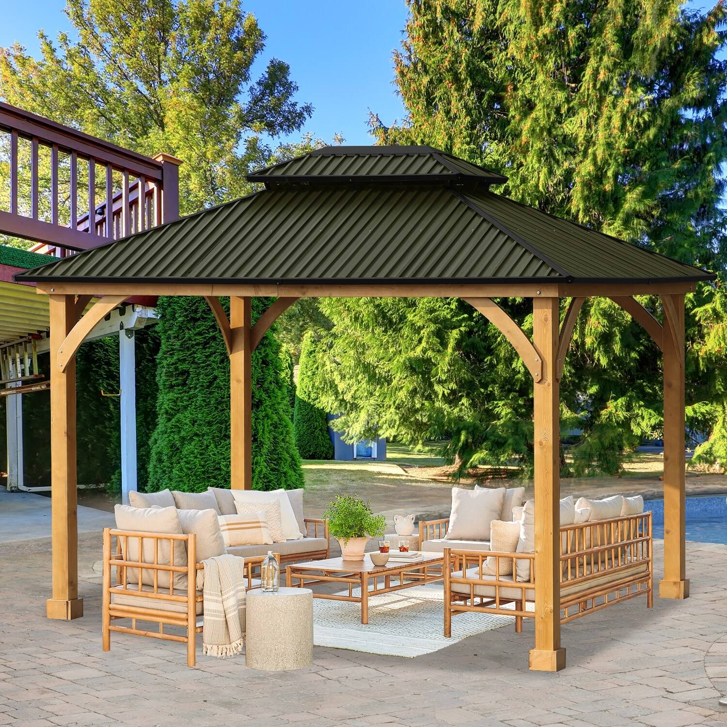 Aoodor Patio Solid Wooden Gazebo 10 x 12 ft. Hardtop Roof 2 - Tier for Garden, Dark Green and Black