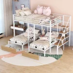 Bellemave Triple Bunk Bed with Stairs, Metal Full Over Twin - Twin Bunk Bed with Storage Drawers, Heavy - Duty Bunk Bed for 3 Kids, Teens, Boys & Girls (White)