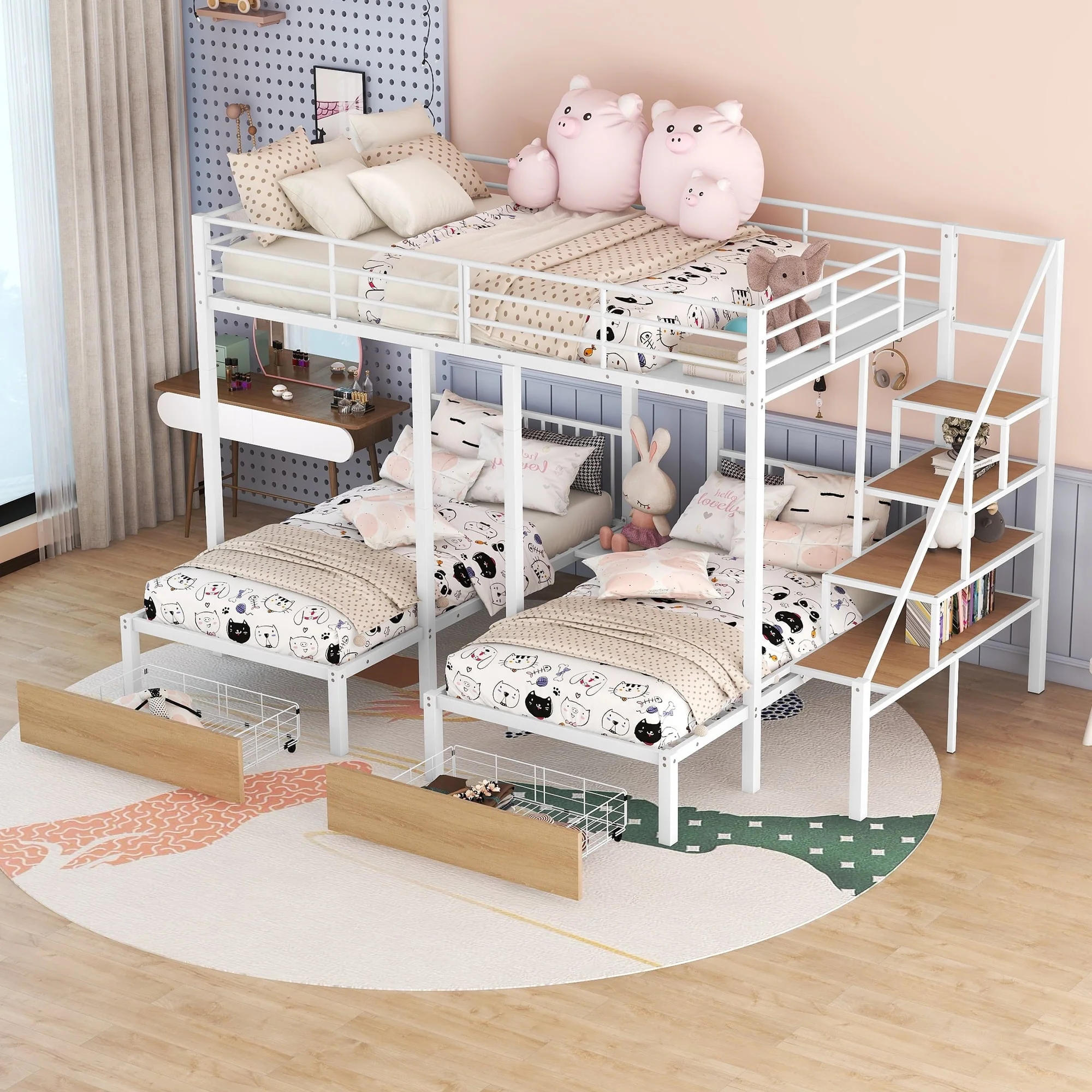 3aba5e41f5535520004506a13c088b89cc693f7fcae041dcfbe4aff800fd6a43.webp Bellemave Triple Bunk Bed with Stairs, Metal Full Over Twin - Twin Bunk Bed with Storage Drawers, Heavy - Duty Bunk Bed for 3 Kids, Teens, Boys & Girls (White) - Image 1
