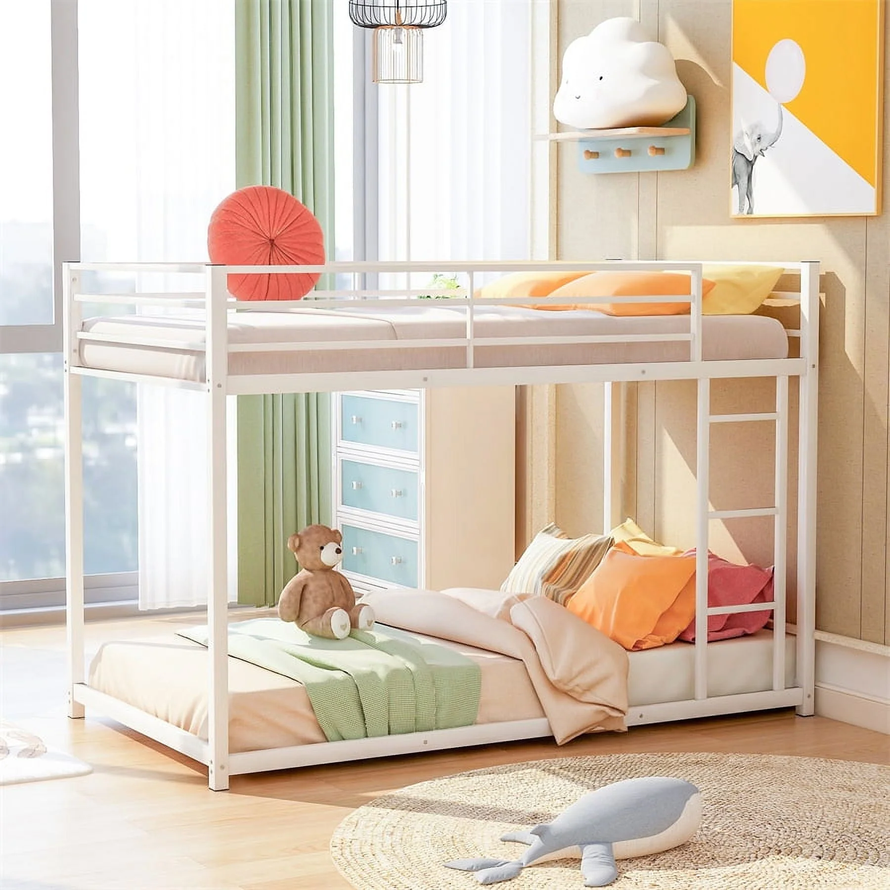 3aba8adb8485abdd574aff5c58f76a96d8329a76e1f13e104682869537ea8457.webp Twin Over Twin Metal Bunk Bed, Low Twin Bunk Bed with Safety Guardrail and Ladder, No Box Spring Needed, Steel Bunk Bed Platform Suitable for Girls Boys Teens, White - Image 1