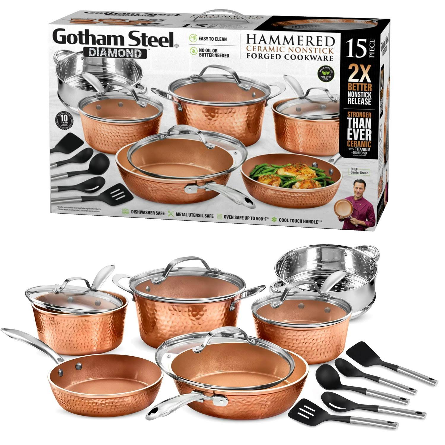 3b0f82eac978bfde27eb4519fe85ab4b3f2d330accc75530b258f4efa6d217cd.jpg Gotham Steel Hammered Pots and Pans Set Nonstick Ceramic Cookware Set 15pc - Image 1