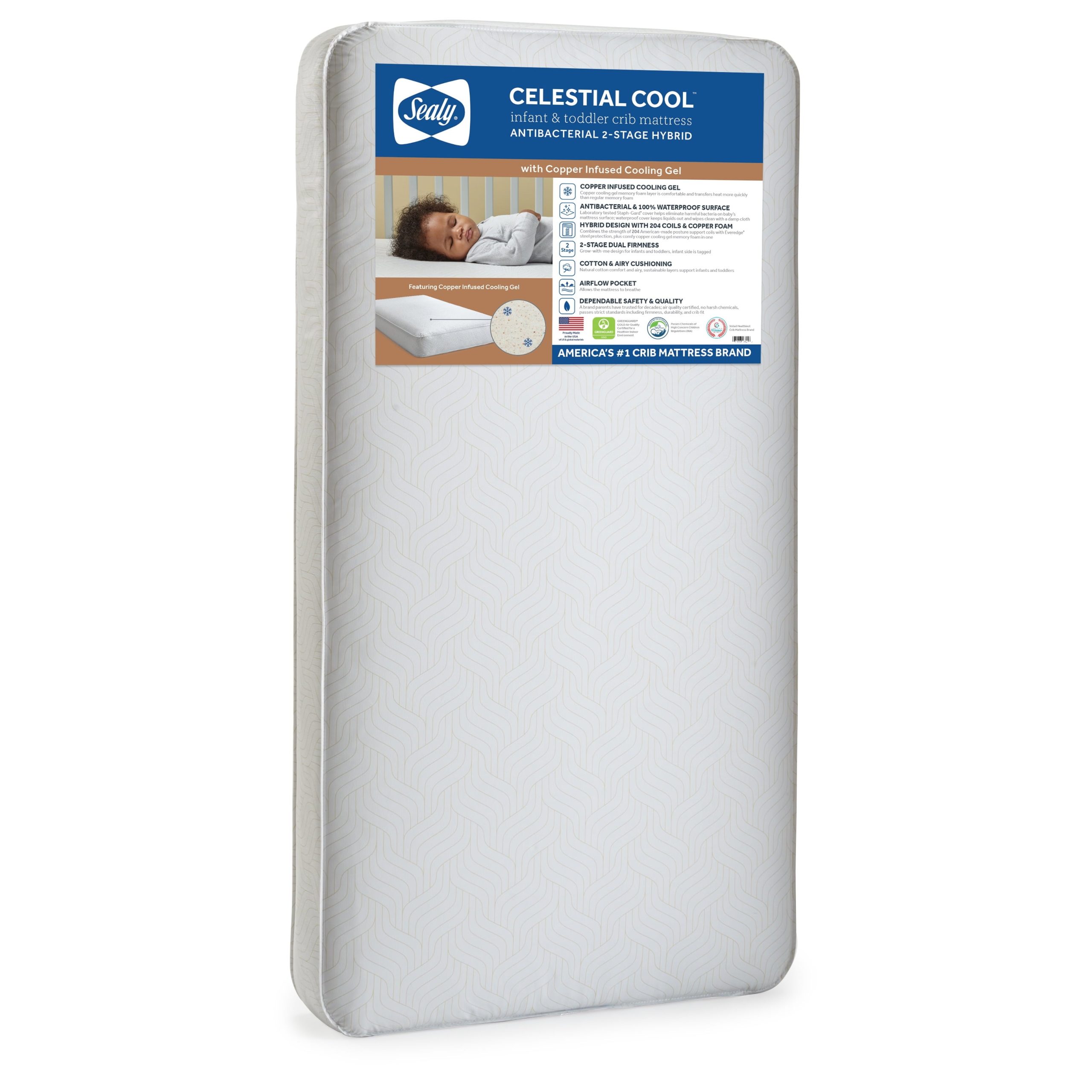 3b684a26107b0c8858f574154764ae730d9b801a385e3270453024bf4f06ce92.jpg Celestial Cool Ultra-Premium 2-Stage Hybrid Antibacterial Crib & Toddler Mattress. Cool Copper Gel - Image 1