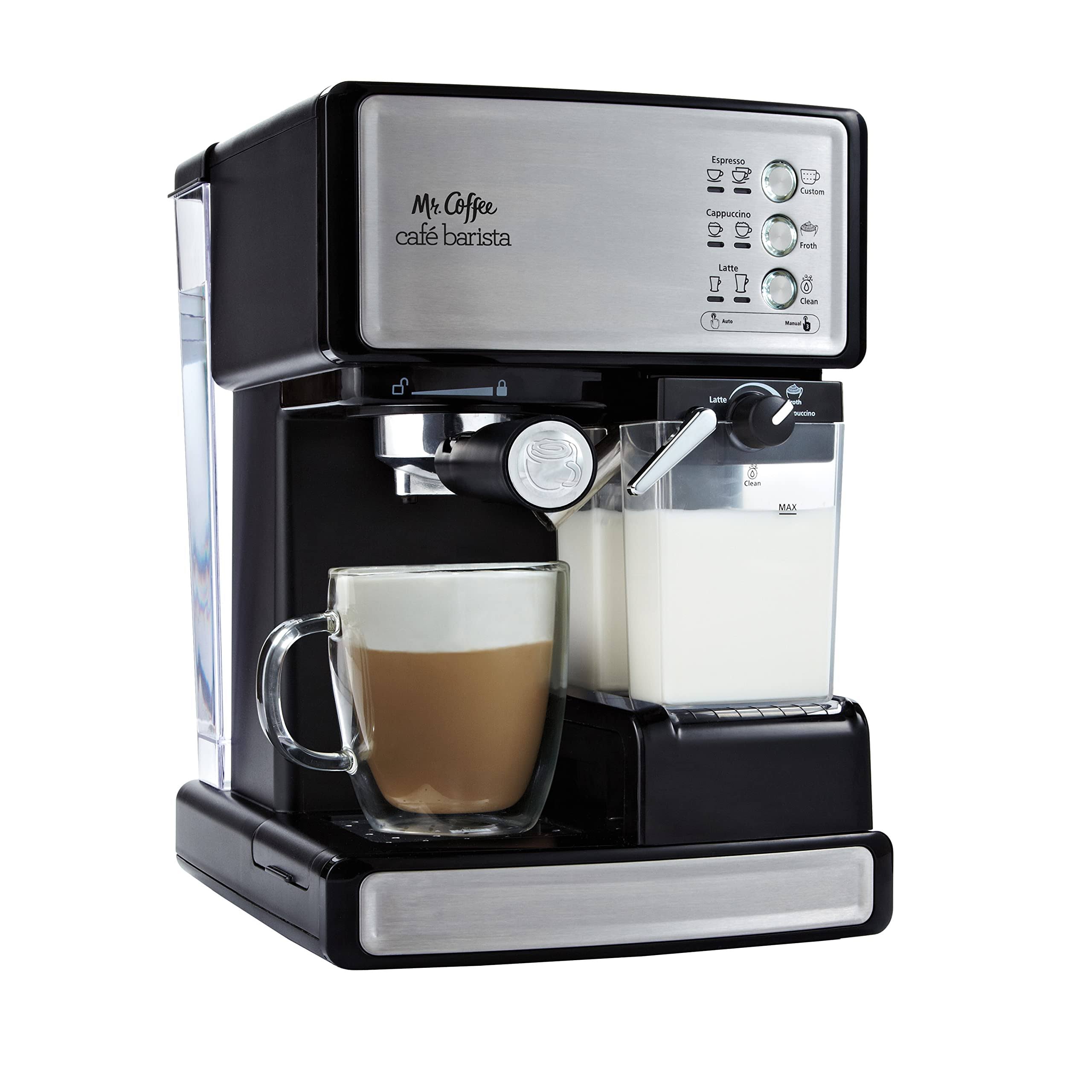 3b825451fccf722ca0993f00f7ef7e0616ac0deefbe32af035050c2c8e0baa91.jpg Mr. Coffee Espresso and Cappuccino Machine, Programmable Coffee Maker with Automatic Milk Frother and 15-Bar Pump, Stainless Steel,Silver - Image 1