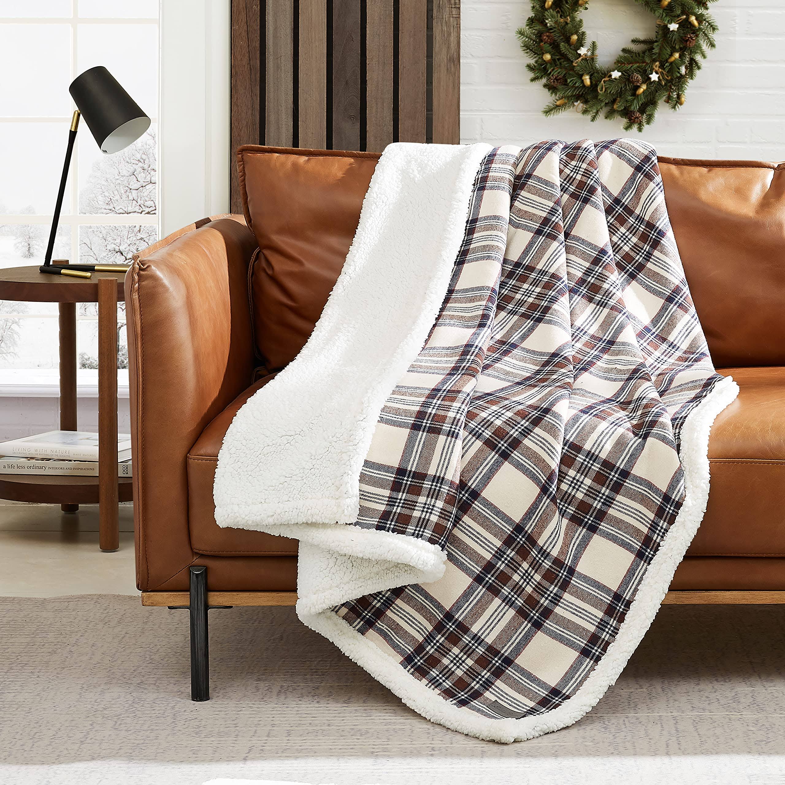 3c462bd2cc21ece8da6f5cd435834a6b279befee25c796d865de0b403f860dfc.jpg Eddie Bauer Edgewood Plaid Flannel Sherpa Throw Blanket, Khaki - Image 1