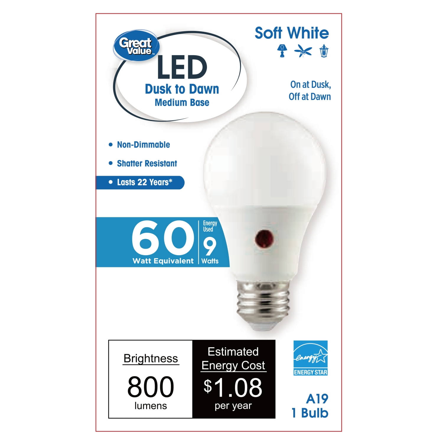 3c4d46c0243c11b8e13cd6bd806af22d5593903d71a48153b0bfa8e2669fd3a9.jpg Great Value 9 Watts Soft White LED Bulb - Each - Image 1