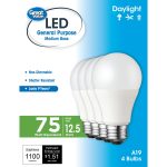Great Value LED Light Bulb, 12.5 Watts (75W Equivalent) A19 General Purpose E26 Medium Base, Non-Dimmable, Daylight, 4-Pack