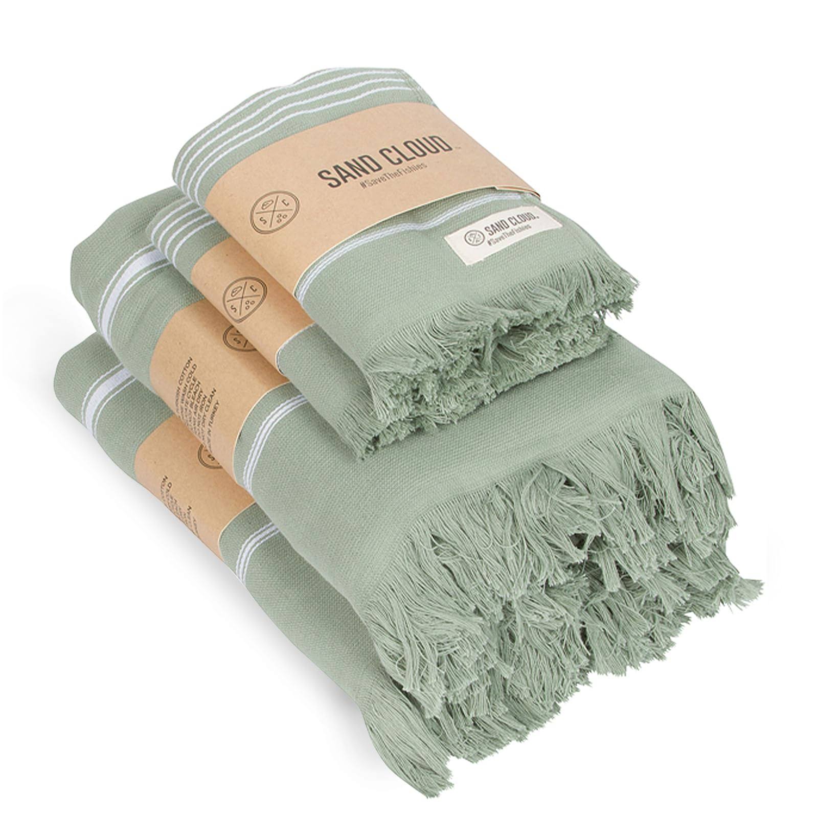 3cc6cfd467fd0570598237bdd1cb841a6edeba6f41fa78cb4ee1ae0d33cd2c7a.jpg Sand Cloud Classic XL Bath Bundle Sage - Lightweight, Fast-Drying, Non-Smell, Organic Cotton Turkish Bath Towel - Image 1