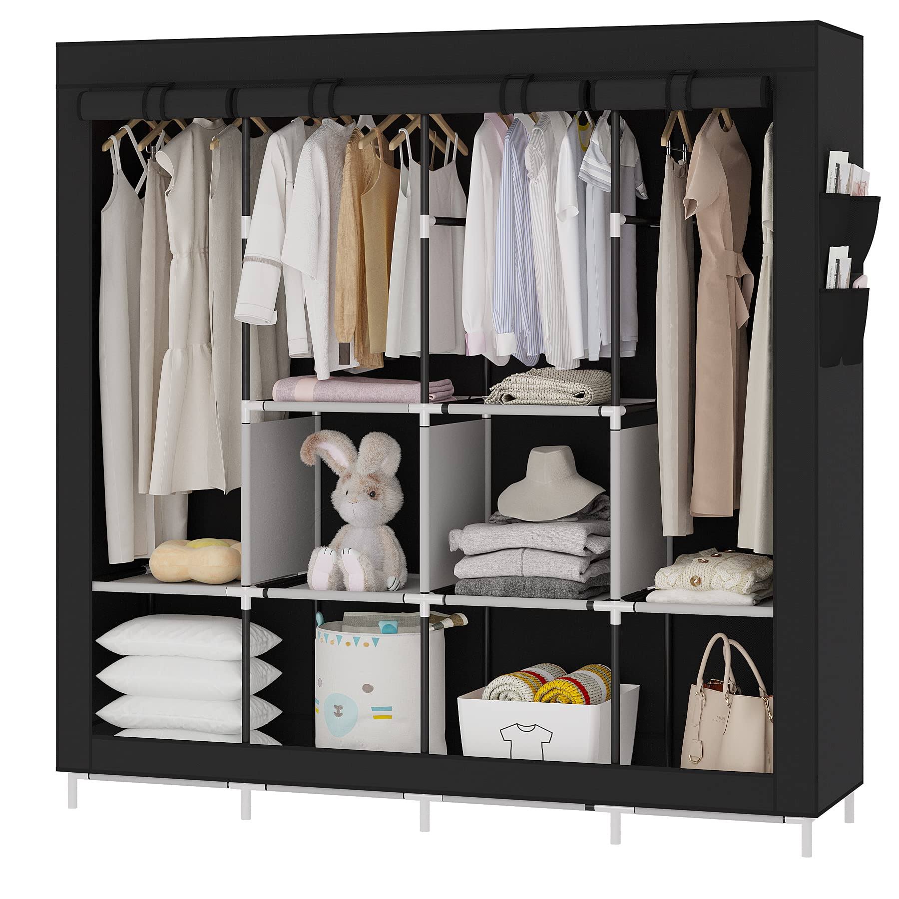 3cc8471102febdc520aded067410a5d47fe2fff1f08212d3cc1d205049914333.jpg UDEAR Portable Closet Large Wardrobe Closet Clothes Organizer with 6 Storage Shelves, 4 Hanging Sections 4 Side Pockets,Black - Image 1
