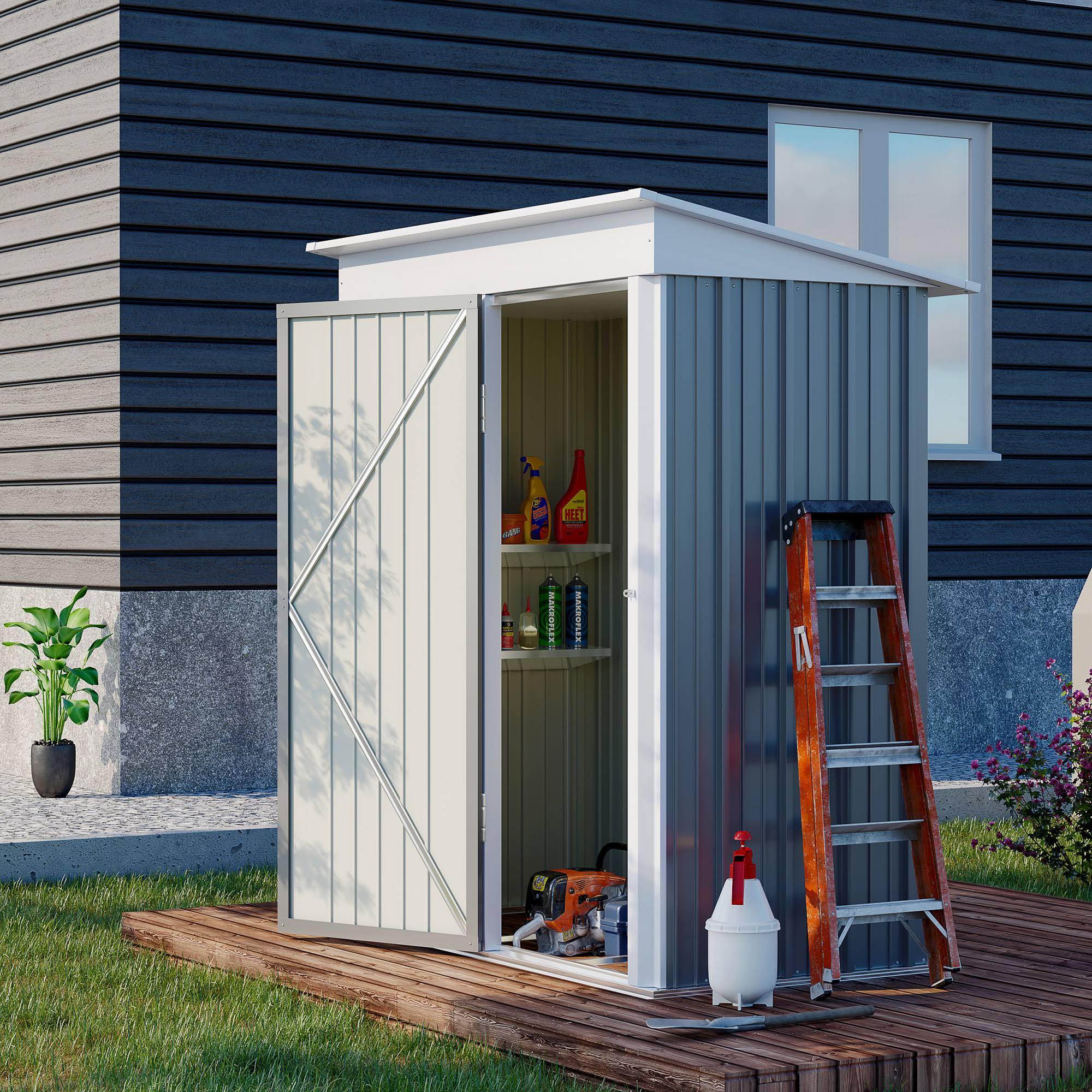 3d04ffcbdd697ee788d92f8d23399630fca5c2a5117498ee1f101a578046673f.jpg Outsunny 5' x 3' Small Steel Outdoor Storage Shed with Floor, Gray - Image 1