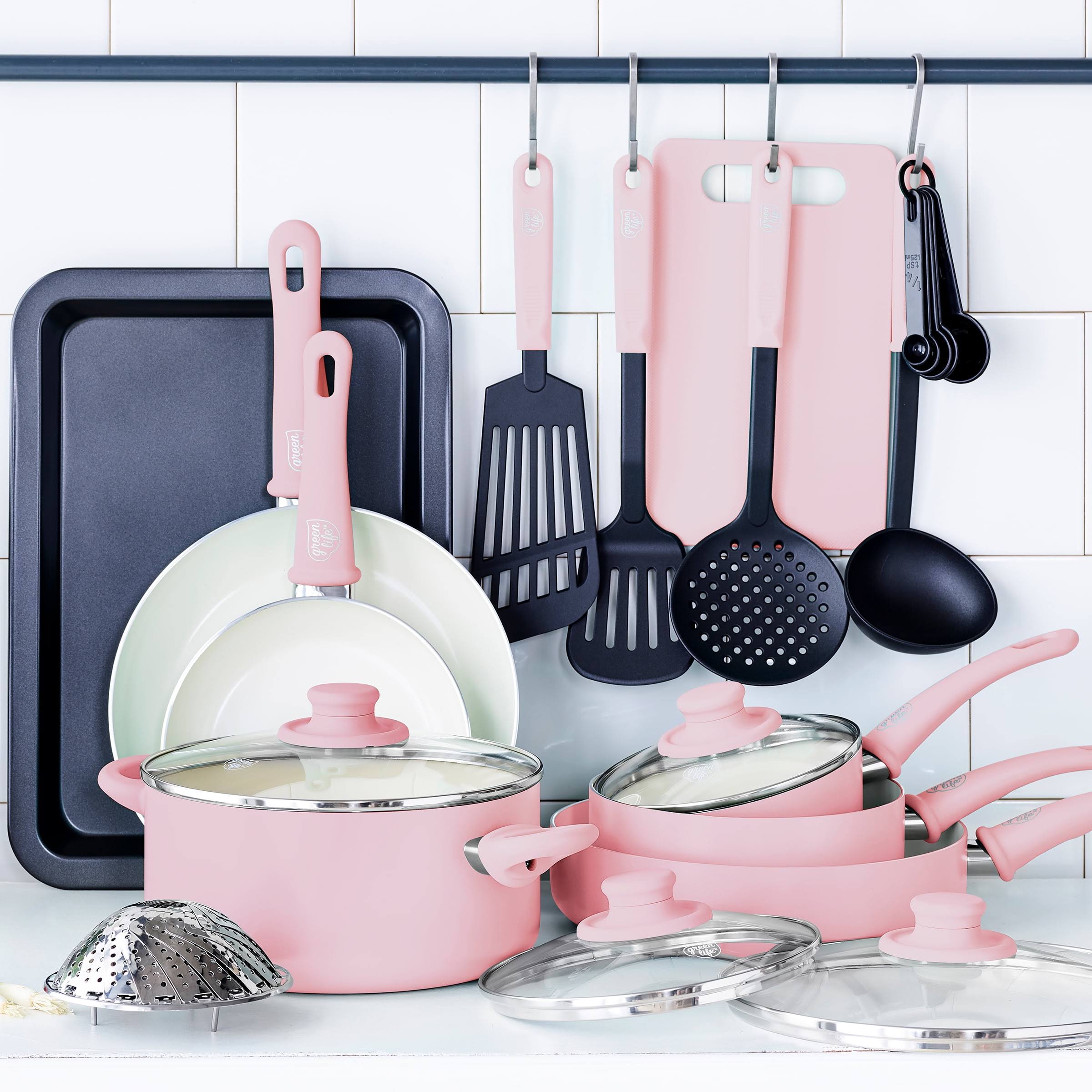 3d06f88029e4b164f682995b0f7ced06f140d5e023e6d1c75133cb69d43c911b.jpg GreenLife Soft Grip 18 Piece Cookware Set, Pink, Size: 18pc - Image 1