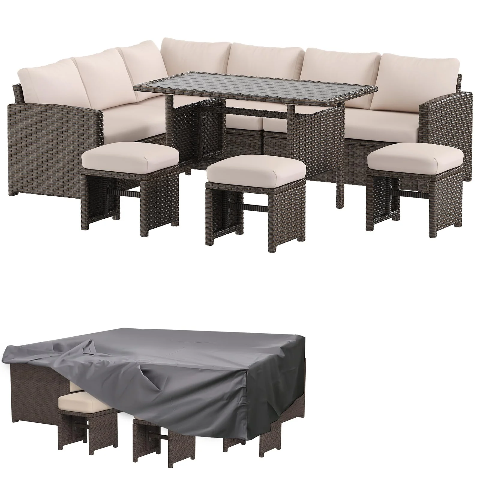 3d095367f5e7a13ae6bf222eee7952d107b458963ec50f067d0df79b69f33c98.webp AECOJOY 7 Piece Outdoor PE Rattan Wicker Sofa Set with Waterproof Cover, Khaki - Image 1