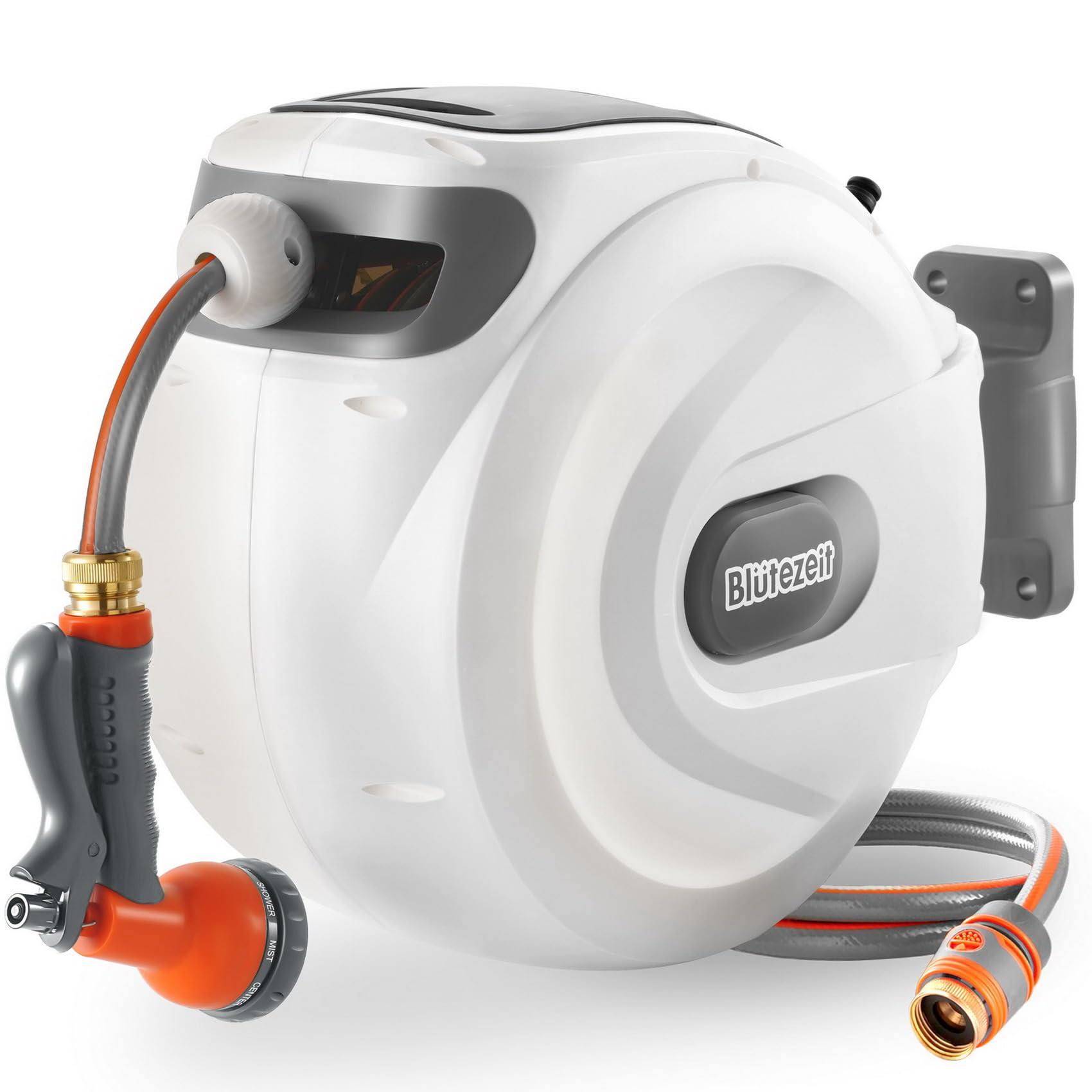 3d31d713081477a8b0a763d60d2b79e84b8cb729eaa1208e6c7a29cb54f0401d.jpg Bl��tezeit Retractable Garden Hose Reel, 1/2'' x 100FT+6FT Wall Mount Water Hose Reel, 8 Function Hose Nozzle, Any Length Lock, 180�� Swivel Bracket, - Image 1