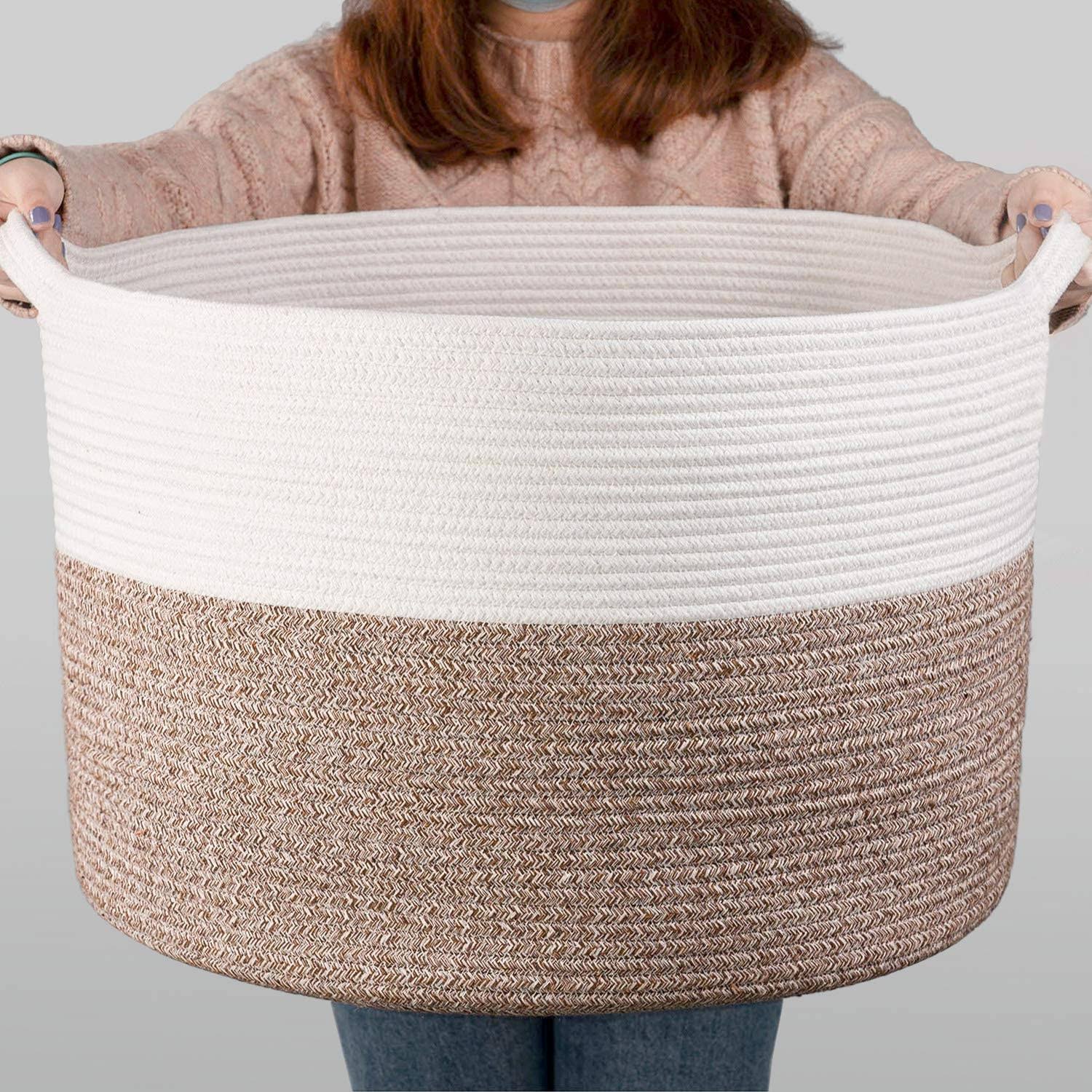 3d332a51befc2825d4a1ece9e30d554d26111fb6987bbd1cbf7e68d00367a1fc.jpg INDRESSME XXXLarge Cotton Rope Basket 21.7 inch x 21.7 inch x 13.8 inch Woven Baby Laundry Blanket Basket Toy Basket with Handle Storage Comforter - Image 1