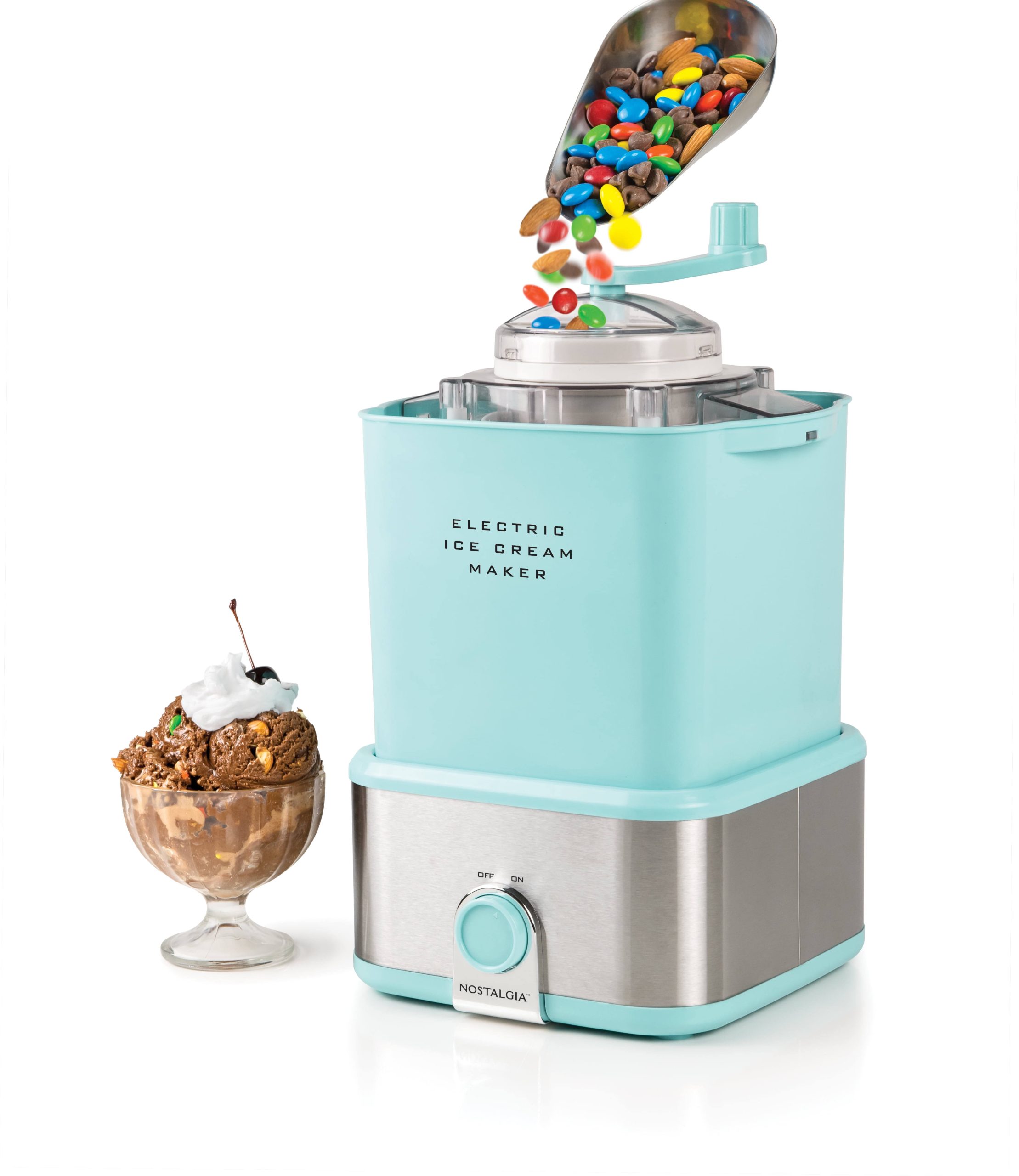 3d5ce8be8cec0b9e7b91c95e67c4142743a6953399755858bd5b9351ac650d45.jpg Nostalgia Electric Ice Cream Maker with Candy Crusher - Aqua 2 qt - Image 1
