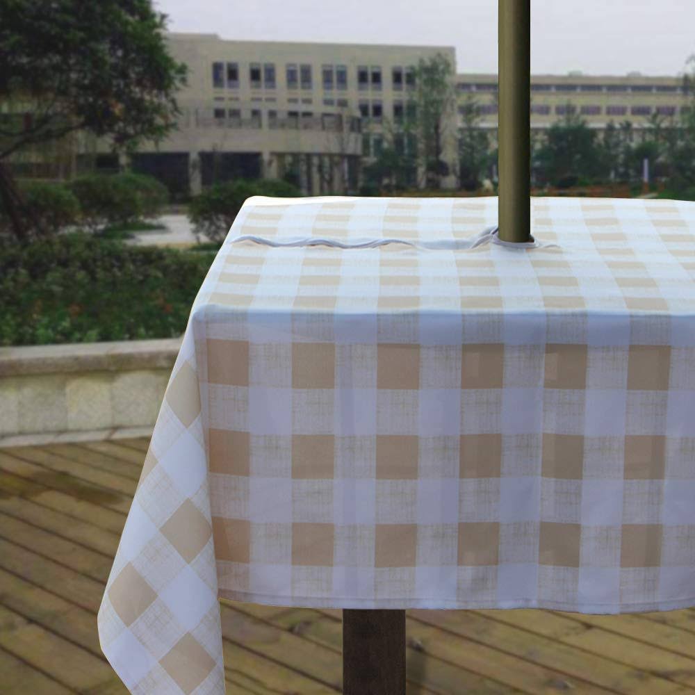 3e3af045a9aa1d980ac768ceb8ca4d7db2fa0d5a326e2ffd170c2a8e97d06307.jpg Melaluxe Spring/Summer Wrinkle-Free Waterproof Outdoor Tablecloth with Umbrella Hole and Zipper, Beige Checkered, 60 inch Square - Image 1