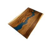 5 ft. L x 30 in. D UV Finished Saman Solid Wood Butcher Block Desktop Countertop with Live Edge and Blue Epoxy River