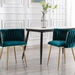Guyou Velvet Dining Chair Set of 2, Modern Upholstered Accent Side Chair with Woven Back and Metal Legs, Vanity Chair Kitchen Chair for Living Room Dining Room Bedroom, Teal Green