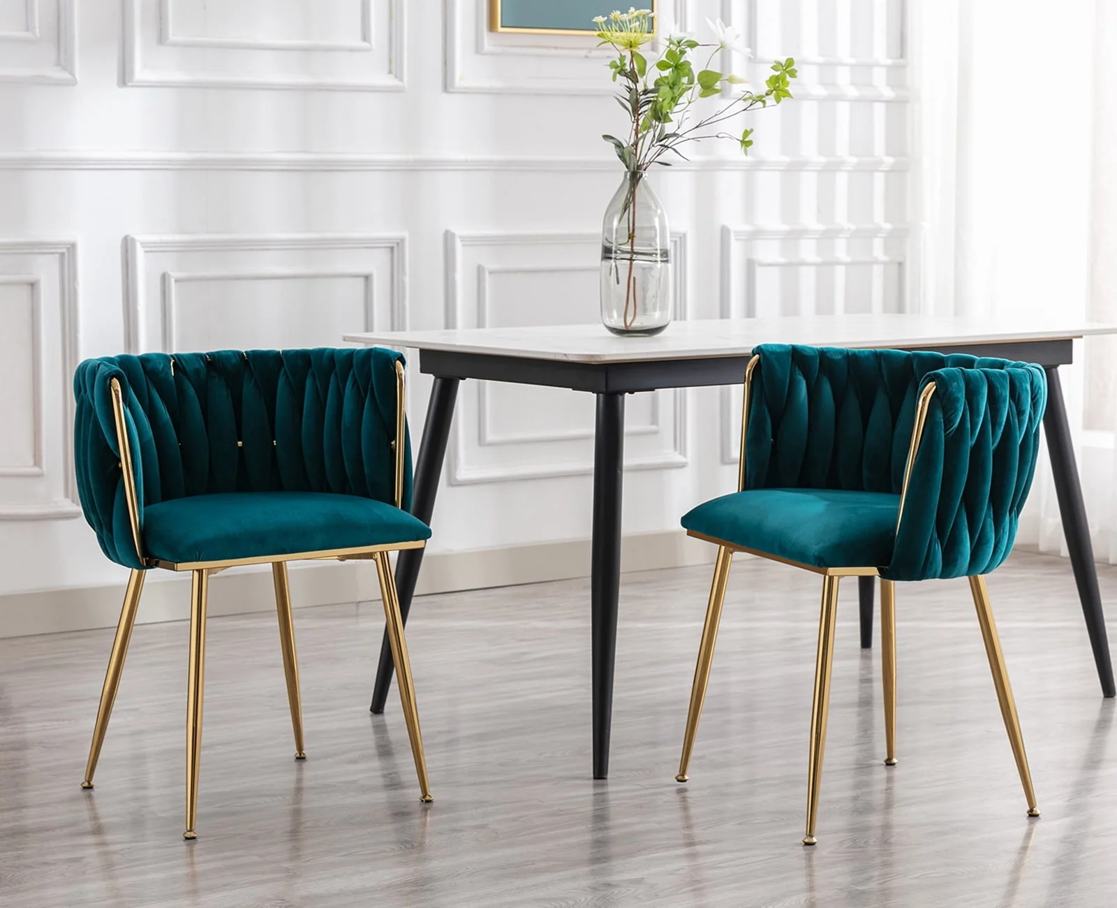3ed5f2881efd26961e09fc749614acda3c53ede4408314a82d1c4972579b5433.webp Guyou Velvet Dining Chair Set of 2, Modern Upholstered Accent Side Chair with Woven Back and Metal Legs, Vanity Chair Kitchen Chair for Living Room Dining Room Bedroom, Teal Green - Image 1