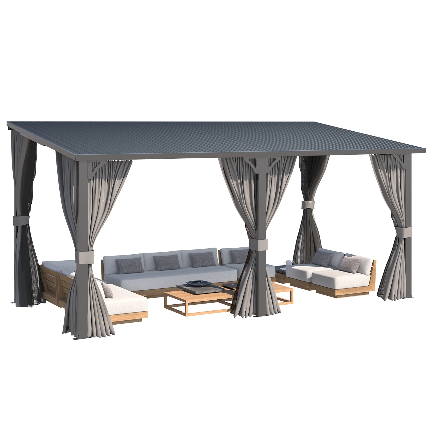 3ee3e4f51fc6e3649397cf4e8e90040a2e24dc32adb0649da06f32b8cec5d2ba.webp AECOJOY 16'x8' Outdoor Hardtop Metal Gazebo with Curtain and Netting - Image 1