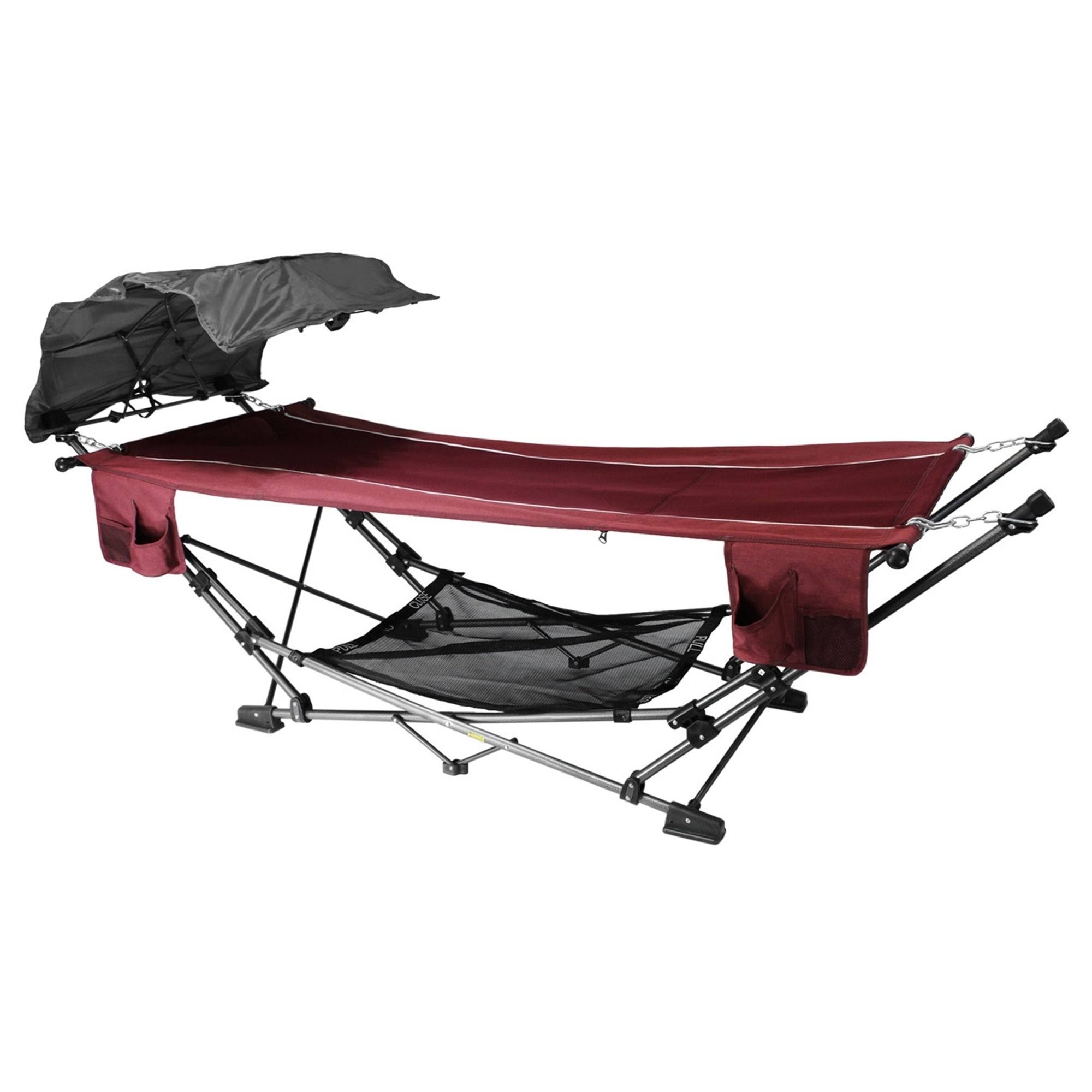 3eff51a10a7e2d66e6738e2775b173b089ca12672c2ff153ea3d406e05e716ed.jpg Zenithen Limited #OC582S-BD Portable Folding Hammock with A Retractable Canopy, Red - Image 1