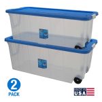 Hart - 200 Quart Clear Latching Rolling Plastic Storage Bin, Clear Tote/Blue Lid, Set of 2