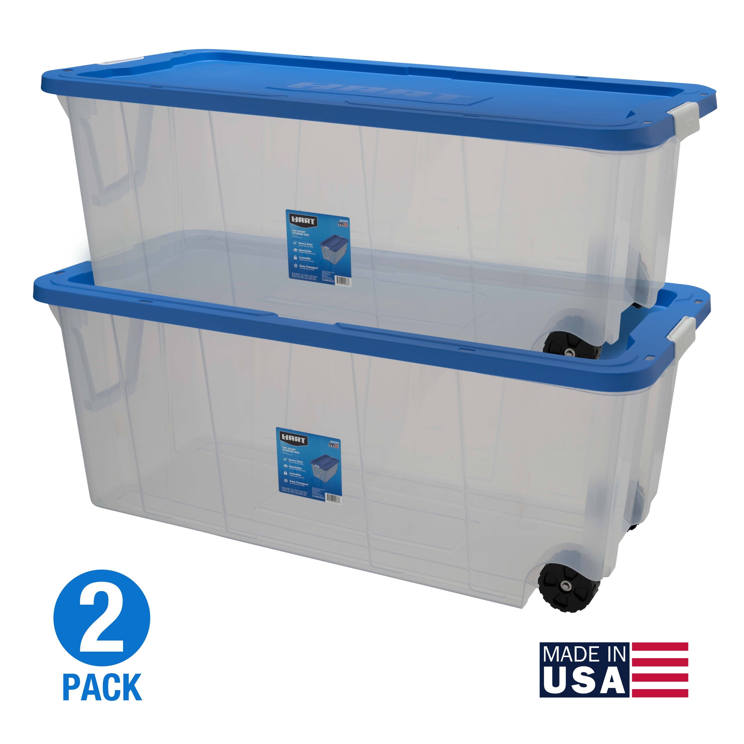 3f3b02e317911e2b044eb66a2cb53ad1c979368d592382a8b9e524ae66538182.jpg Hart - 200 Quart Clear Latching Rolling Plastic Storage Bin, Clear Tote/Blue Lid, Set of 2 - Image 1
