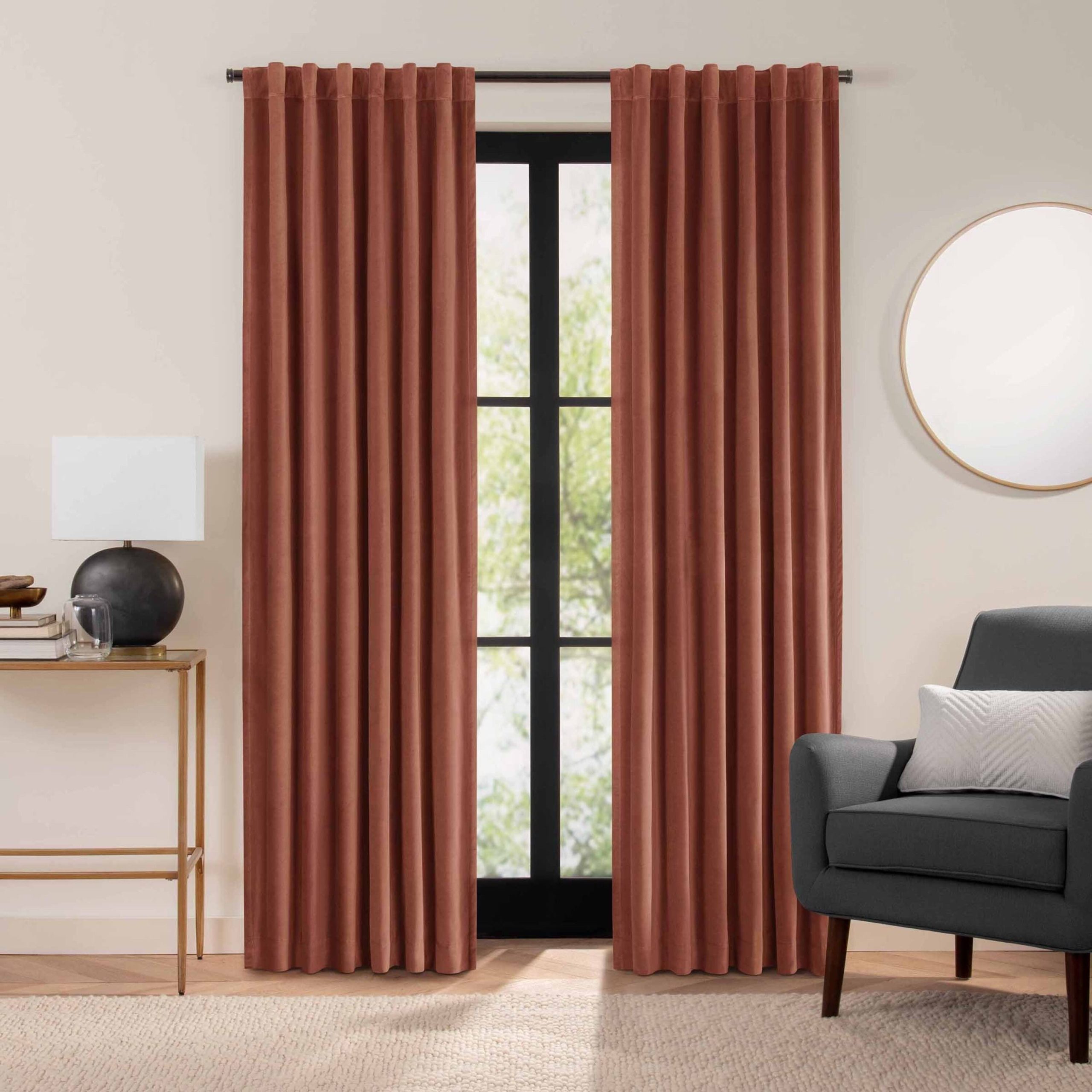 3fbe5f5f154a12e31dff897cb992d0fbe4b56031e8afe9c573b7c1f498f4410e.jpg Eclipse Luxury Cotton Velvet 100% Blackout Rod Pocket Back Tab Curtain Window Panel - Copper - 96x50 - Image 1