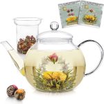 Teabloom Stovetop & Microwave Safe Glass Teapot (34-40oz/1000-1200ml) with Removable Loose Tea Glass Infuser - Includes 2 Blooming Teas - Premium