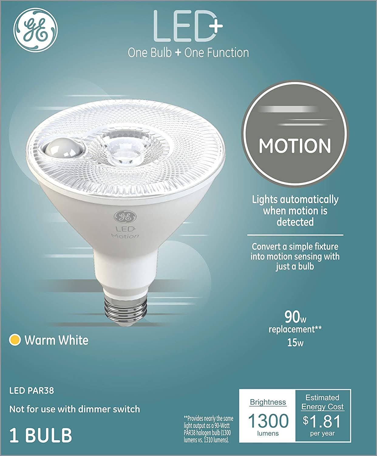40283172ac8073ba01a1e785610c6939550308833b61ad866ce2f573ca3ad915.jpg GE Lighting 93100350 LED+ Motion PAR38 Bulb, 90-Watt Replacement, Warm White - Image 1