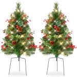 Best Choice Products Set of 2 24.5in Pre-Lit Pathway Christmas Trees Decor w/ LED Lights Berries Pine Cones Ornaments