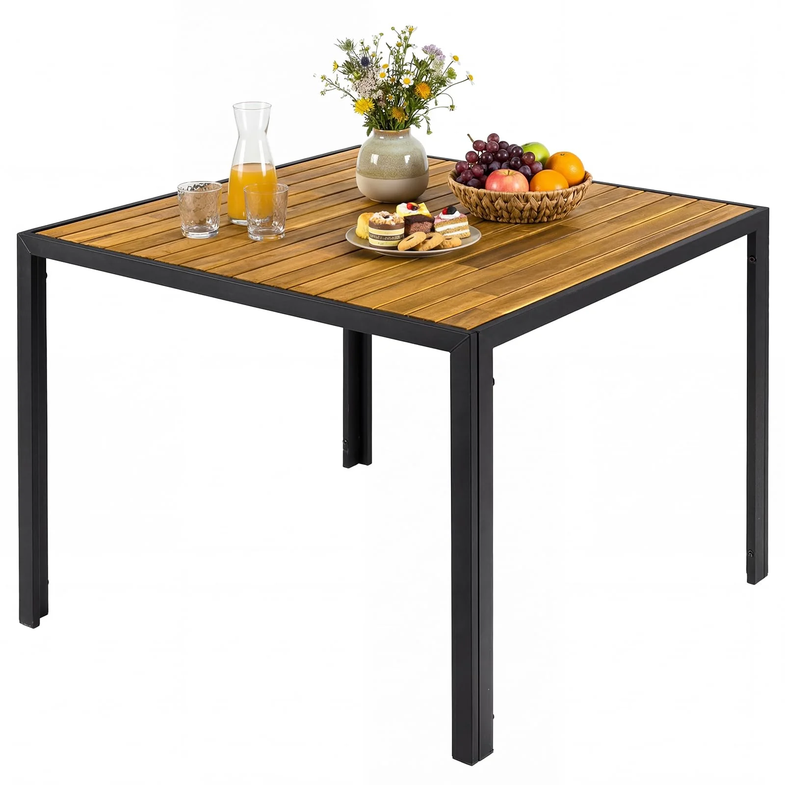 40ae0cb9354a500756f98d3ee7340dc53f68267e8cf8dbfa679b7b868fadc510.webp Tangkula 36" Square Acacia Wood Patio Dining Table 1.97" Umbrella Hole and Heavy Duty Metal Frame - Image 1