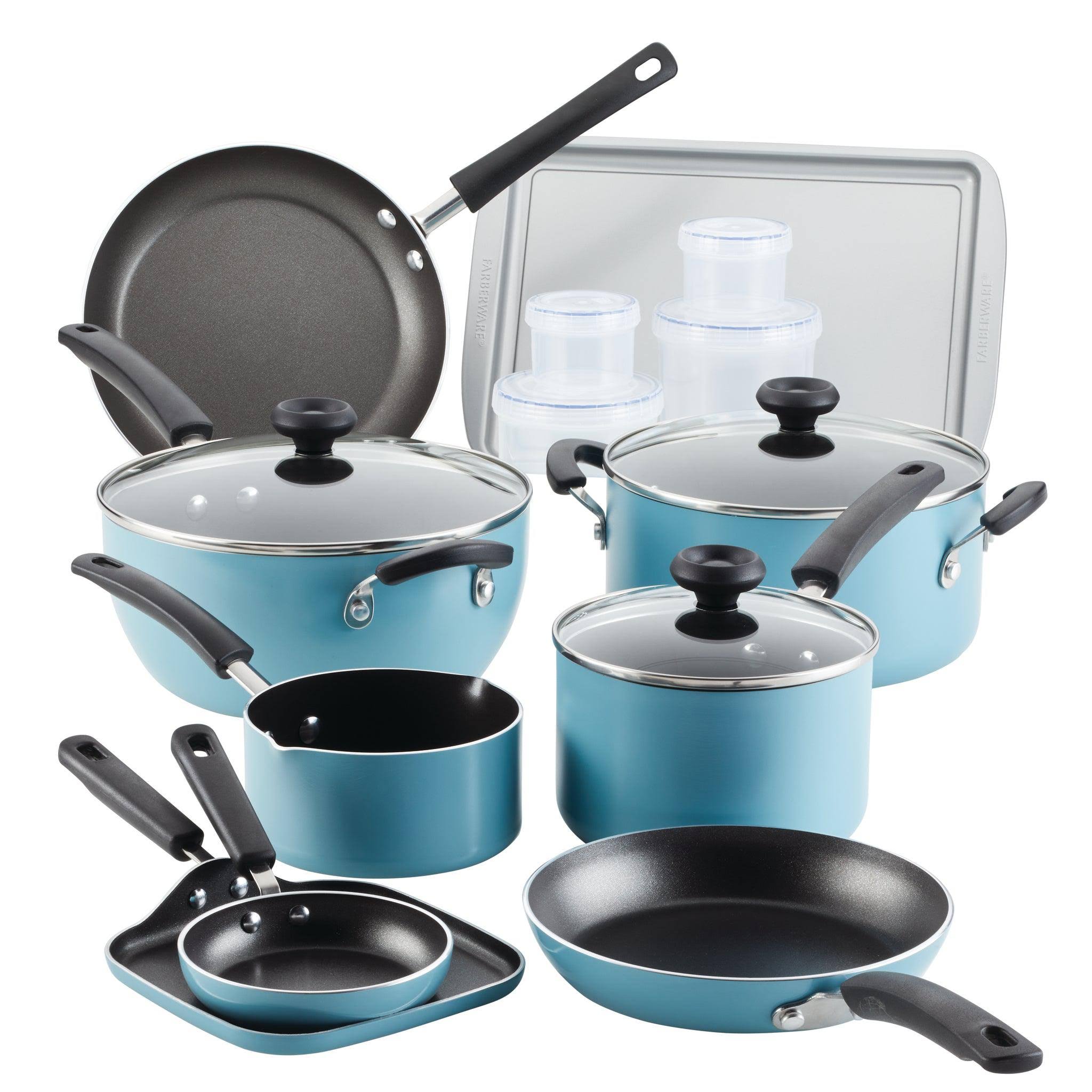 40d438ef9e7aea27b930163c88dfa5fa1b8933c0b573302291656f43a453e5ac.jpg Farberware 20 PC Easy Clean Aluminum Nonstick Cookware Pots and Pans Set, Aqua - Image 1