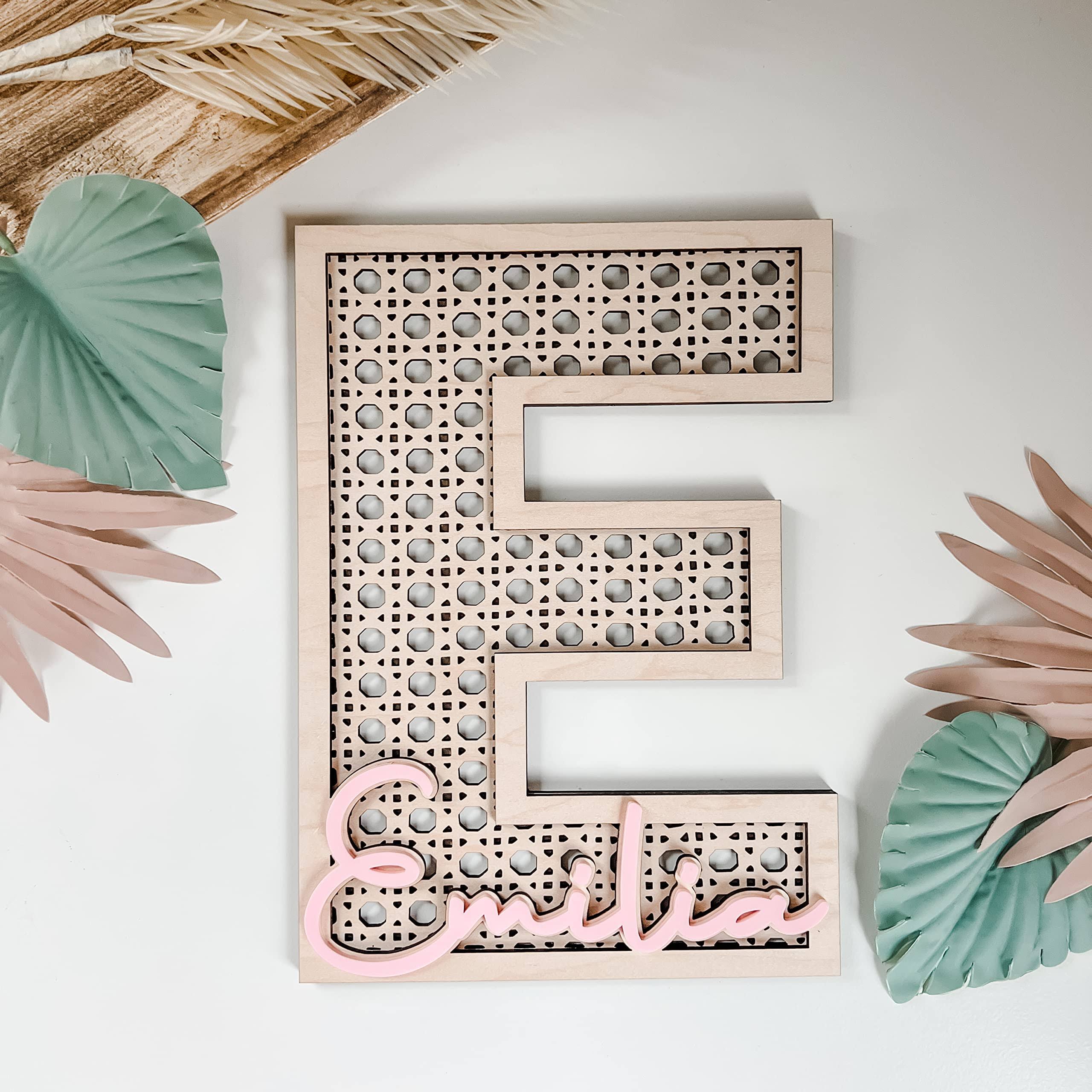 412190fd6860f511b0c35879079c4928bc6f02426eee8ce1c4ac243301a6526d.jpg Custom Boho Wood Personalized Initial & Name Sign, 3D Layered Letter Handmade Rattan Wall Decor for Nursery or Child's Bedroom - Baby Shower, - Image 1