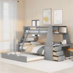 EUROCO Twin Over Full Bunk Bed with Trundle, Built - in Desk with Bookcase and 3 Drawers for Kids, Gray