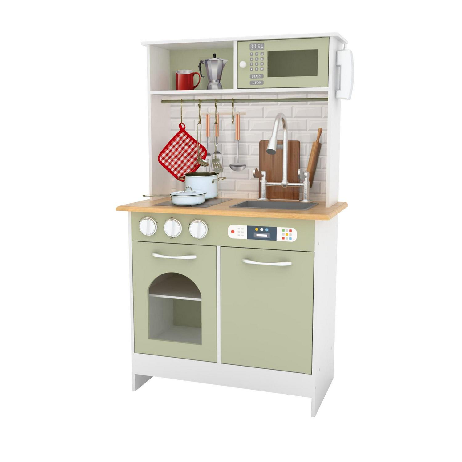 4153f086e4999d75660643f6d84ad5054c8a257de5e5393c2ef3e00f8ff15340.jpg Teamson Kids Little Chef Boston Modern Kitchen Playset. 9 Pcs Acc Set. Oven. Microwave. Burner. Sink. White/Green - Image 1
