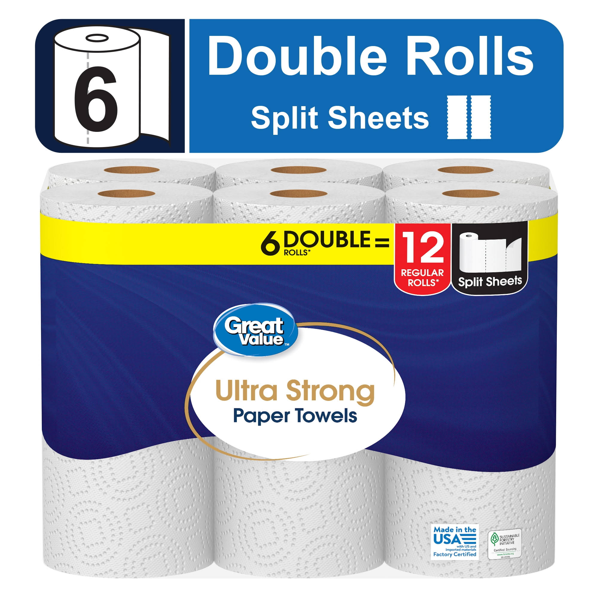 4160dab97f8e7db6bcb0c18548bb9479295e9c6b1d13cf1e7dbcb7ca766215b0.jpg Great Value Ultra Strong Paper Towels, White, 6 Double Rolls - Image 1