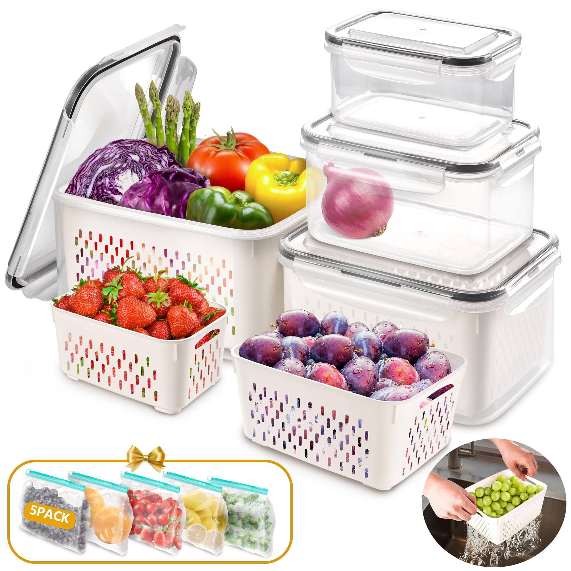 41645246d6afd18379ac4cf065a38af7f09f208d7b474df5c7389a229c33f001.jpg AOSION 8 Pieces Fruit Storage Containers for Fridge, Large Produce Saver Berry Lettuce Containers for Refrigerator Organizers Bins with 5 Pcs Food - Image 1