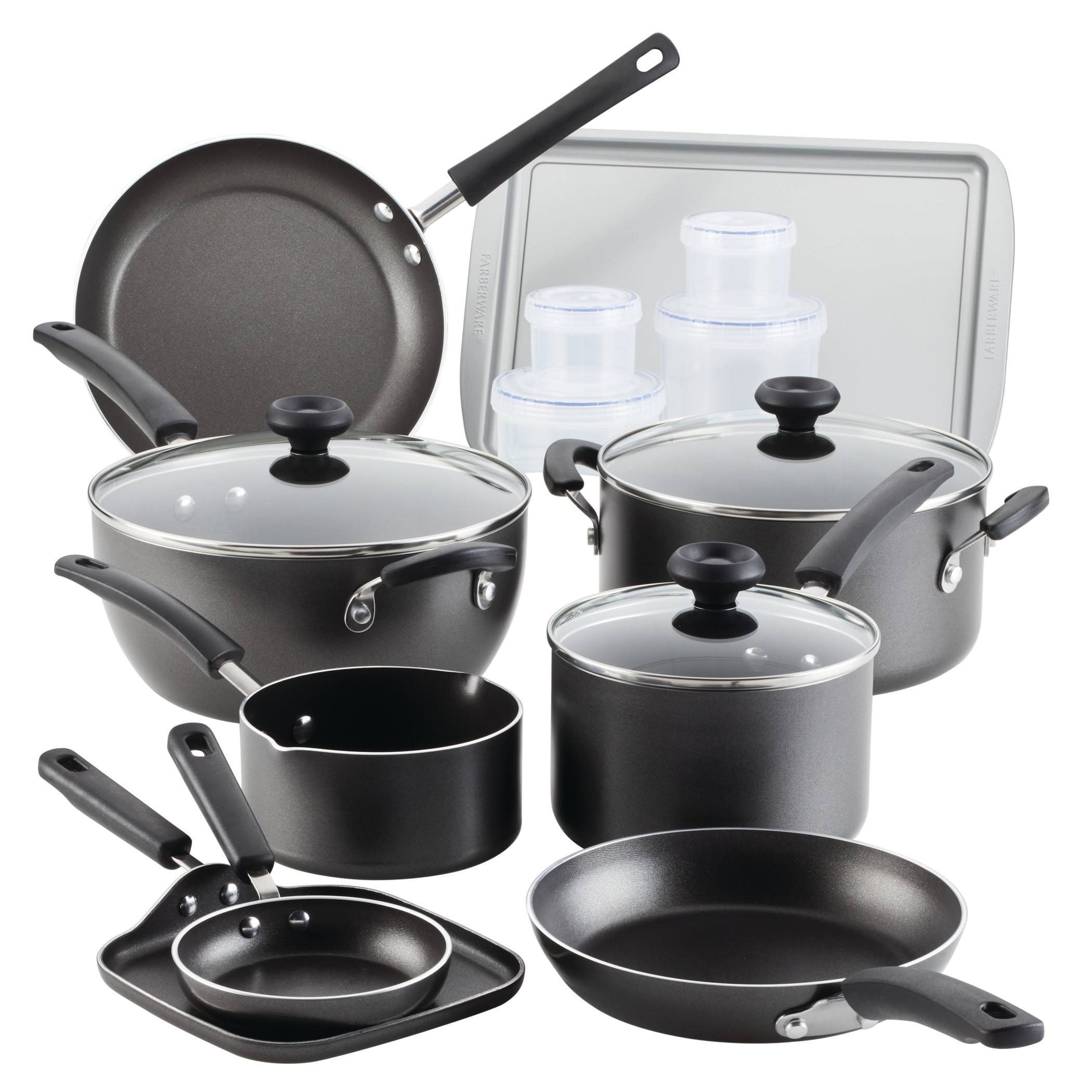 417ed85f0f16f81eecd6e934b57298ff5cc68bdcd6995d692fdc6a38d7959651.jpg Farberware 20 PC Easy Clean Aluminum Nonstick Cookware Pots and Pans Set Gray - Image 1
