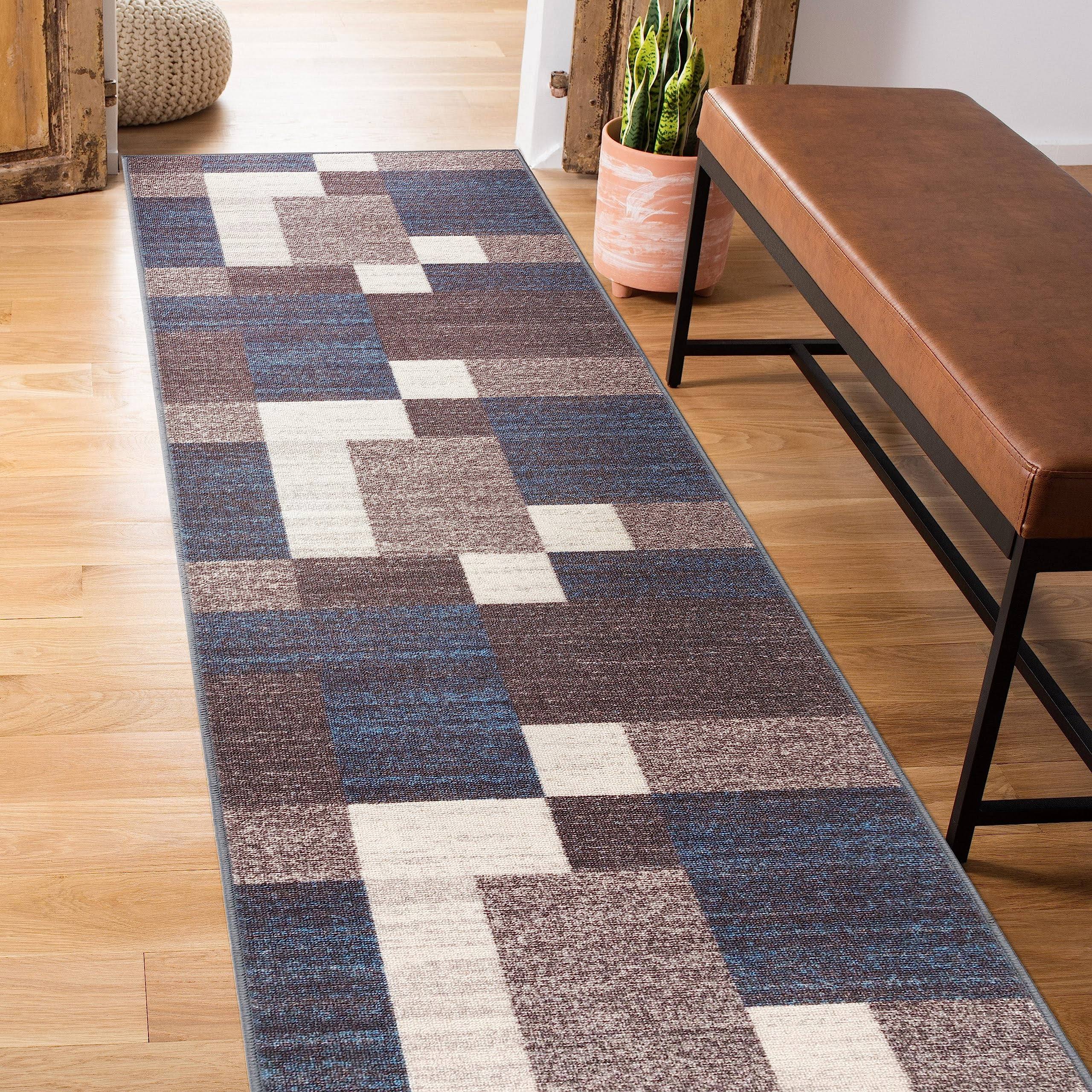 41af6f8420151875860b042c083f5cd28fccc56b077ea66cd914a6fcabed0efe.jpg World Rug Gallery Modern Boxes Design Non-Slip (Non-Skid) Area Rug - 2' x 7' Runner - Blue - Image 1