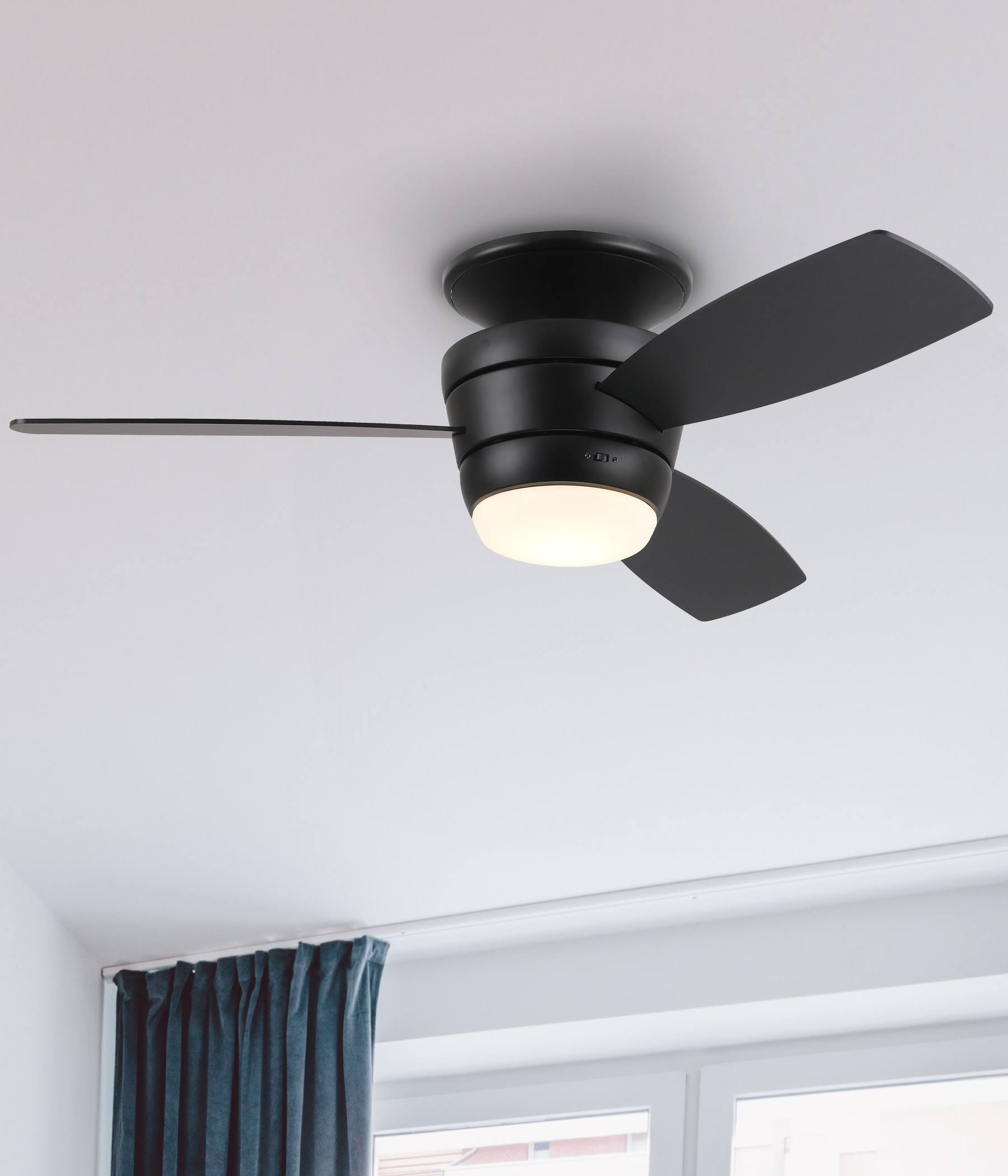 4292a1af70ffd62f6ac1a67acdfa9f4affa639905520d4f03438532eebc8e1d3.jpg Harbor Breeze Mazon 44-in Black LED Indoor Flush Mount Ceiling Fan with Light Remote (3-Blade) - Image 1