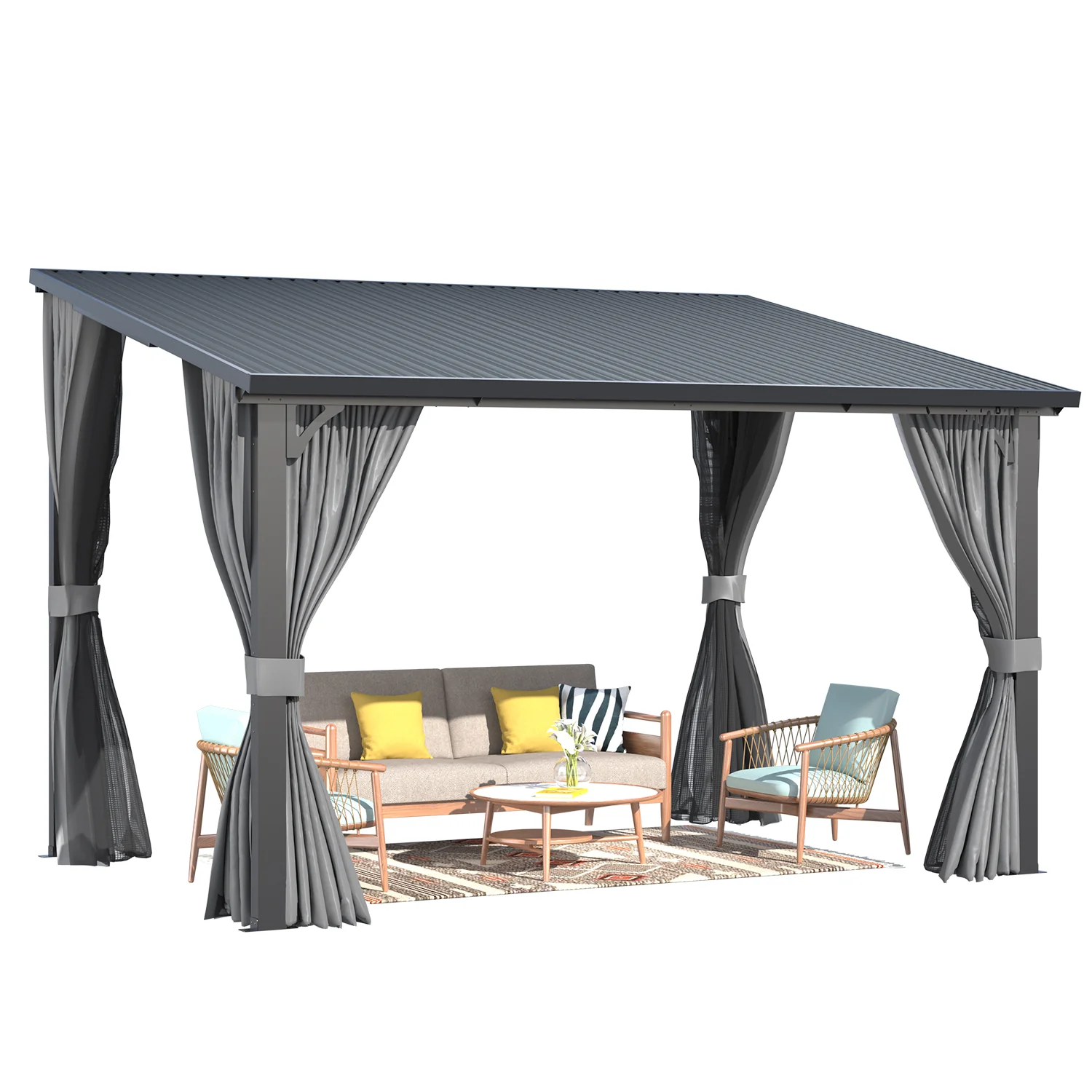 42cefdea06f623d6742f9a38f5edf3d15da13bf36bc1c596e9995c4eae0afc1c.webp AECOJOY 12'x8' Outdoor Hardtop Metal Gazebo with Curtain and Netting - Image 1