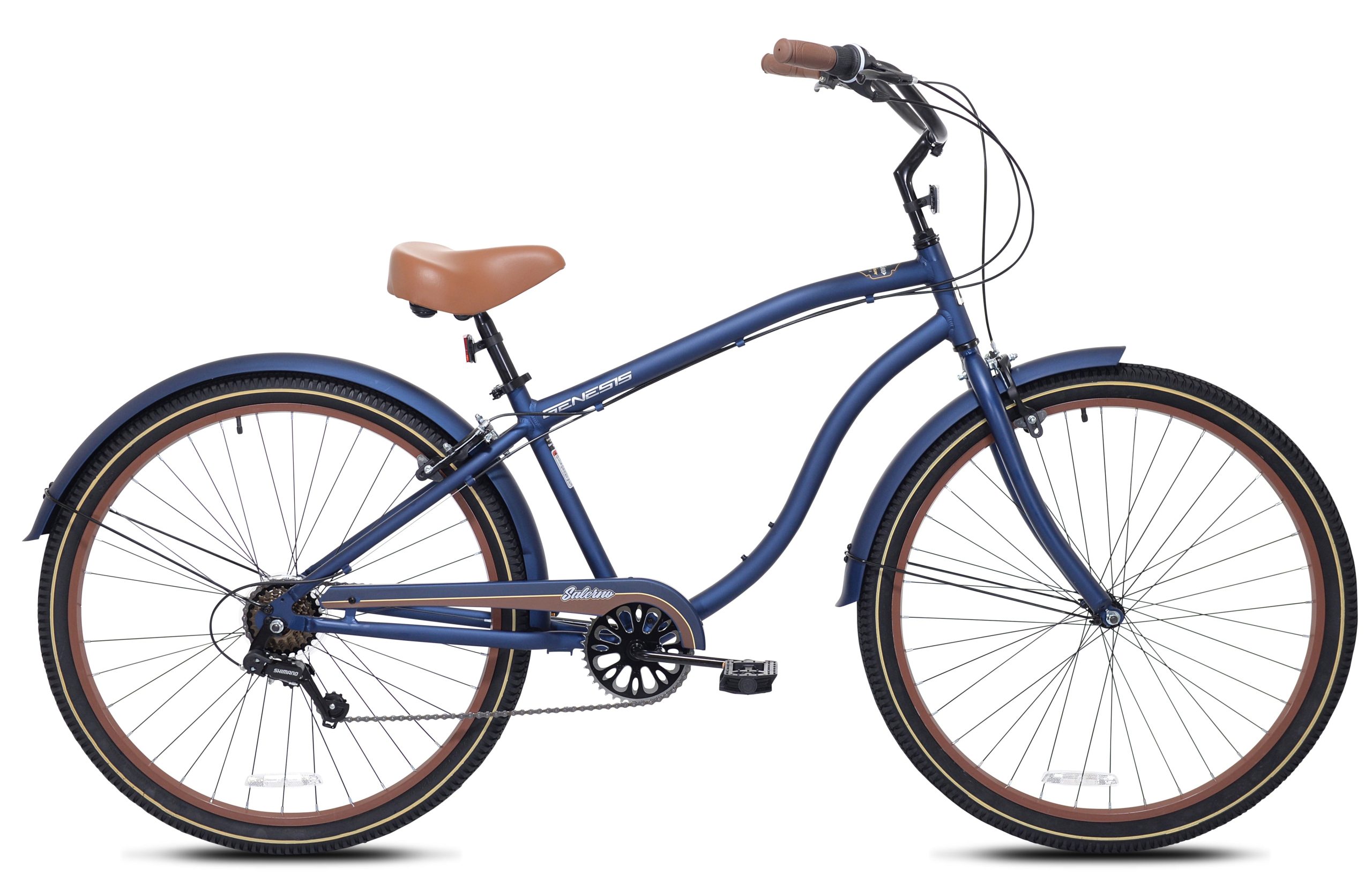 431c74678942538a5a352ddddd7f916bda61b4e2b1e88a6519b0ad7cd070a52a.jpg 29-inch Men's Salerno Aluminum Relaxed Cruiser Bike with 7 Speeds. Navy Blue and Brown - Image 1