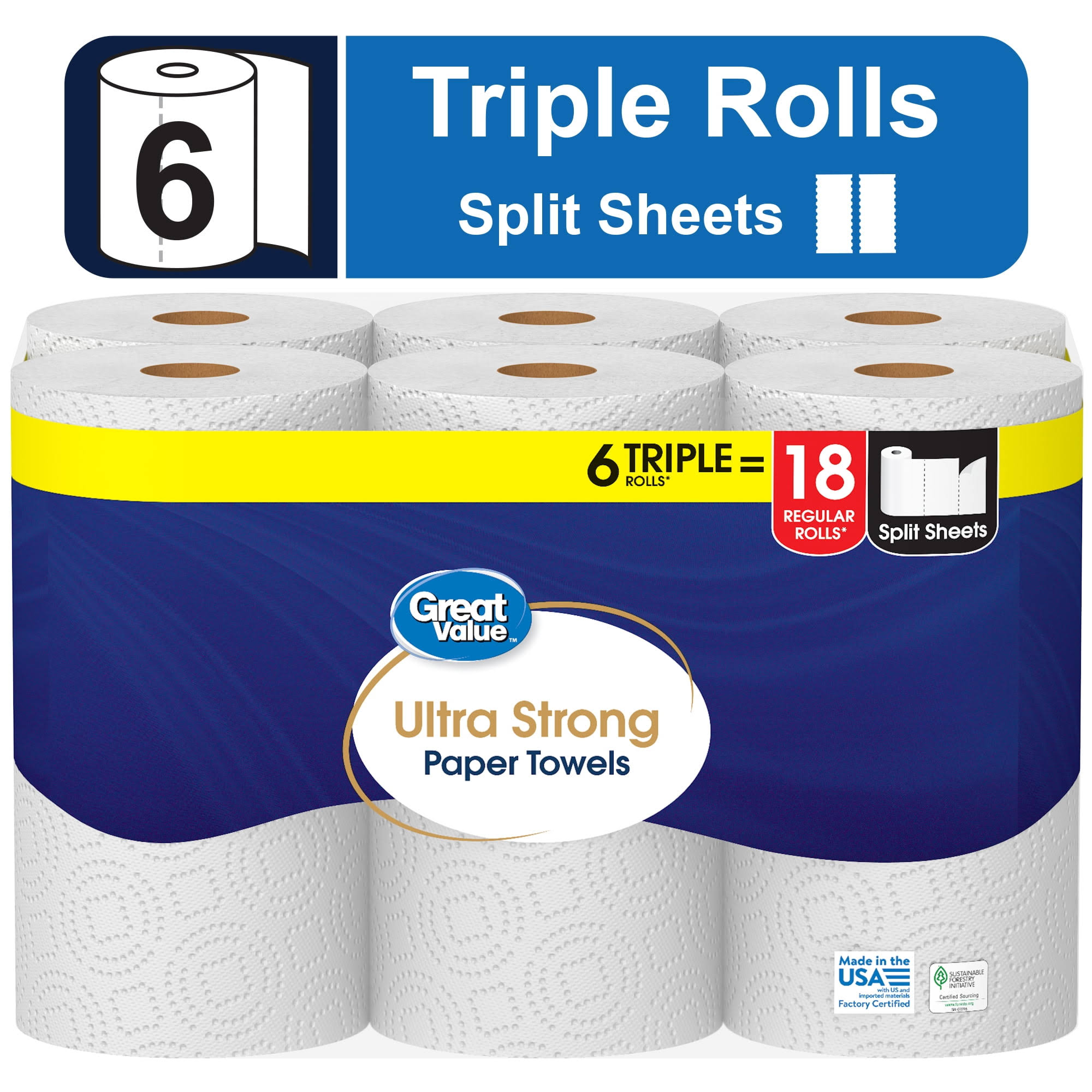 438c9be11f826f62e8cc929eb4e3144d0ab1096173c47a94b3c19dcb80b2ba09.jpg Great Value Ultra Strong Paper Towels, White, 6 Triple Rolls - Image 1