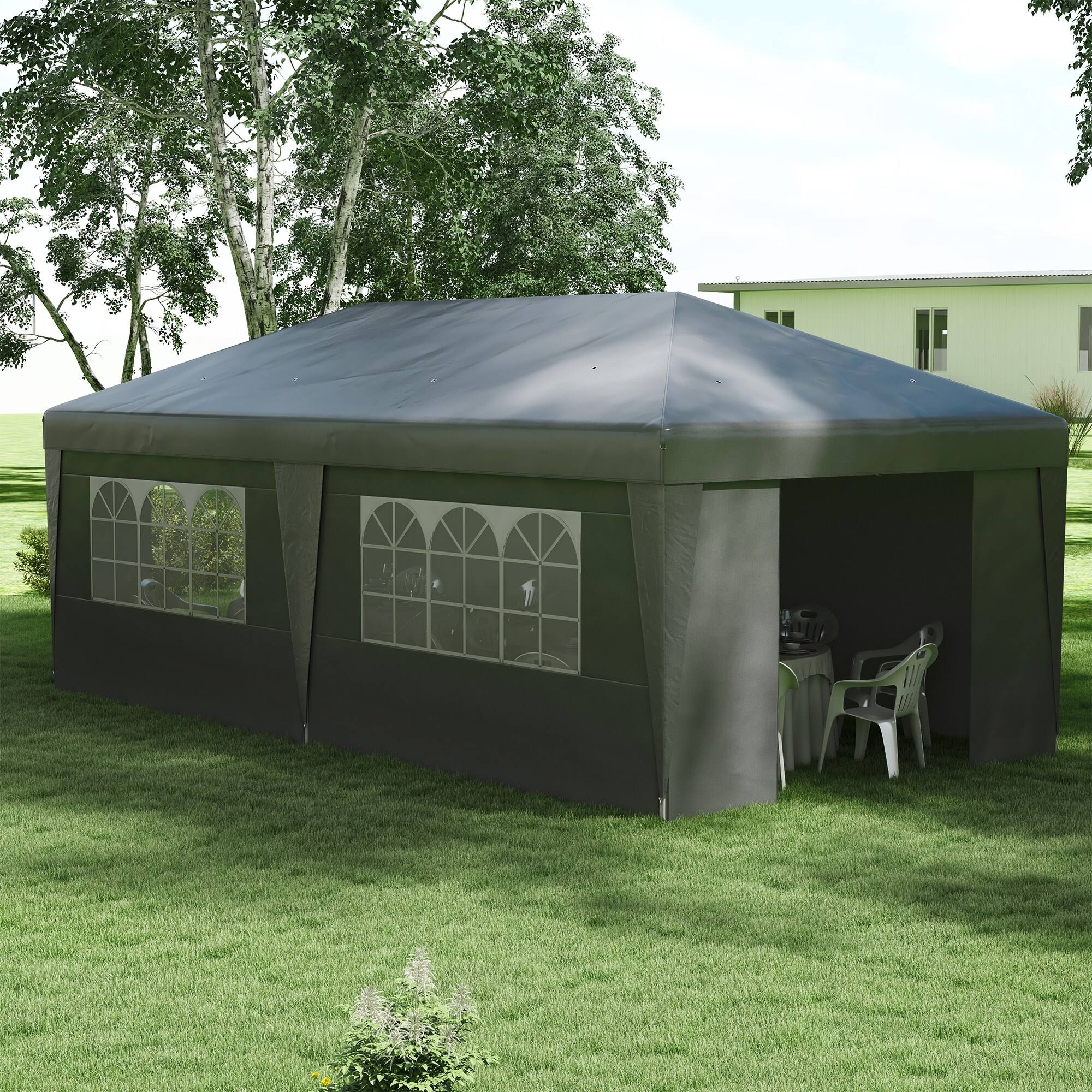 43f9dae66033fca8a1f4abeb117900ac1736ec0e3817104517fa798f69f3594d.jpg Outsunny 10' x 19.5' Large Party Tent, Height Adjustable Pop Up Canopy with Weight Bags and Wheeled Carry Bag, Gray - Image 1
