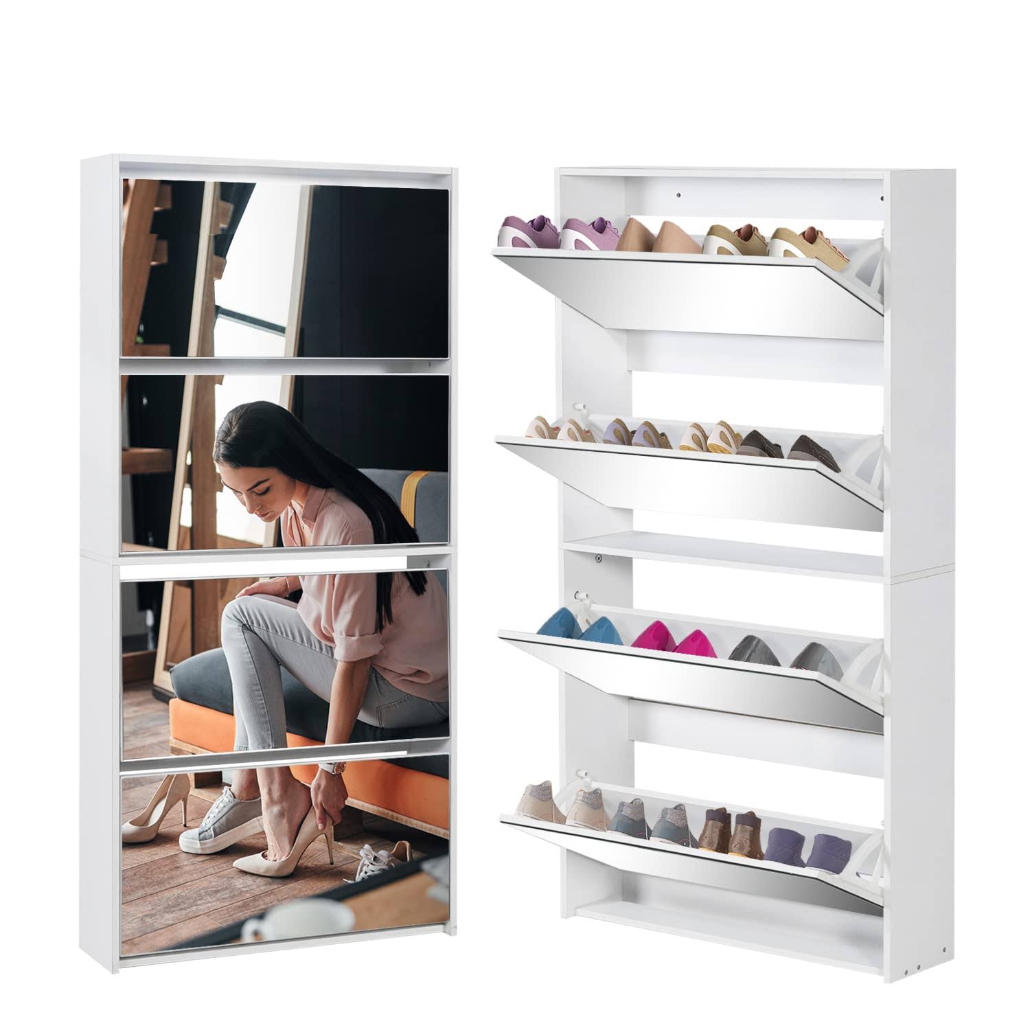 4406bb5f93d4d9608ec2153453742d9107669aba1d909778821193951e61325b.jpg Shoe Storage Cabinet for Entryway Slim, White Wood Shoe Rack Organizer with 4 Flip Mirror Drawers, Freestanding Modern Narrow Shoes Storage Cabinet, - Image 1
